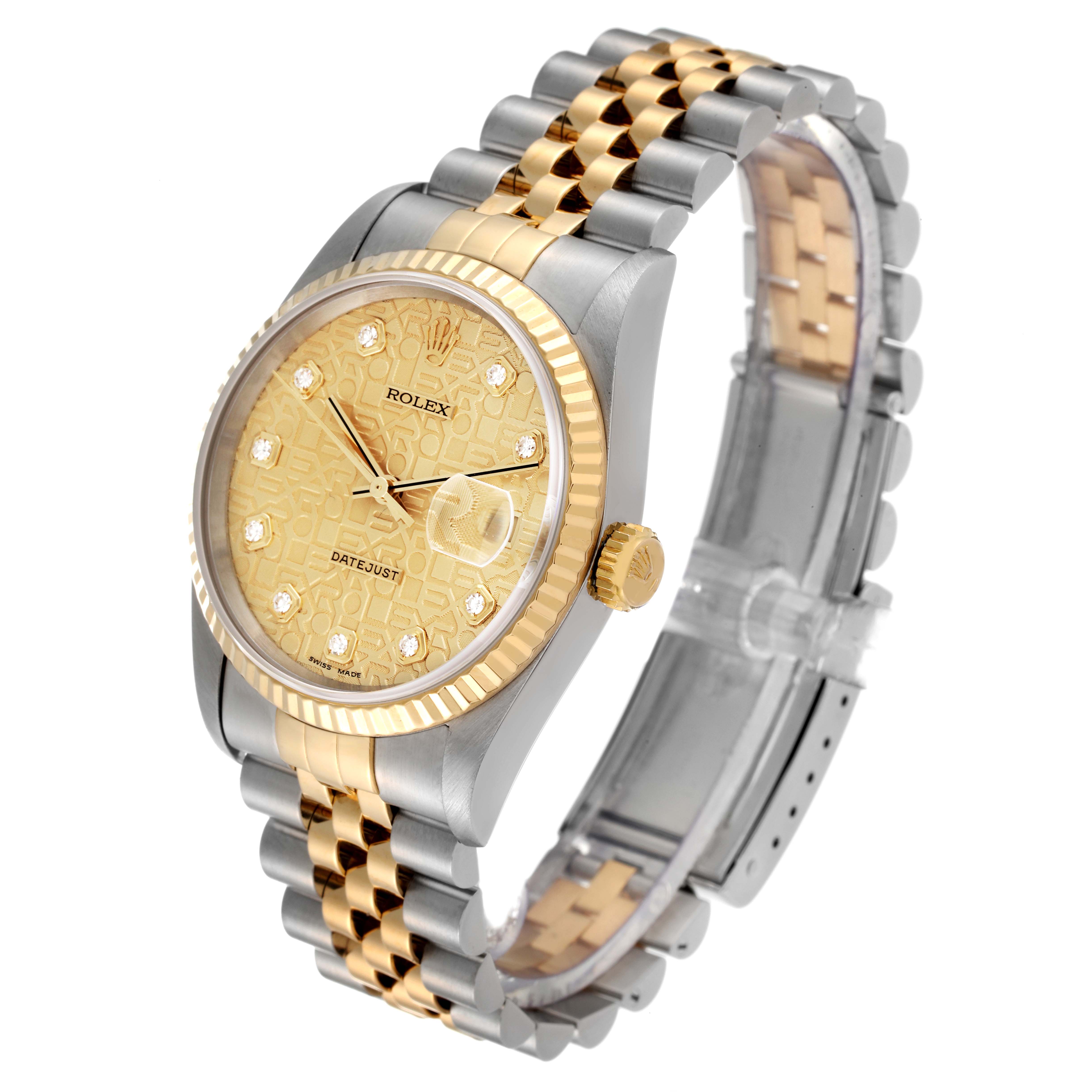 The Rolex Datejust 16233 Men's Steel and Gold (two tone) Champagne Dial 16233 Men's Steel and Gold (two tone) Champagne Dial watch is shown at a three-quarter angle, highlighting the gold and silver case, bezel, dial, and Jubilee bracelet.