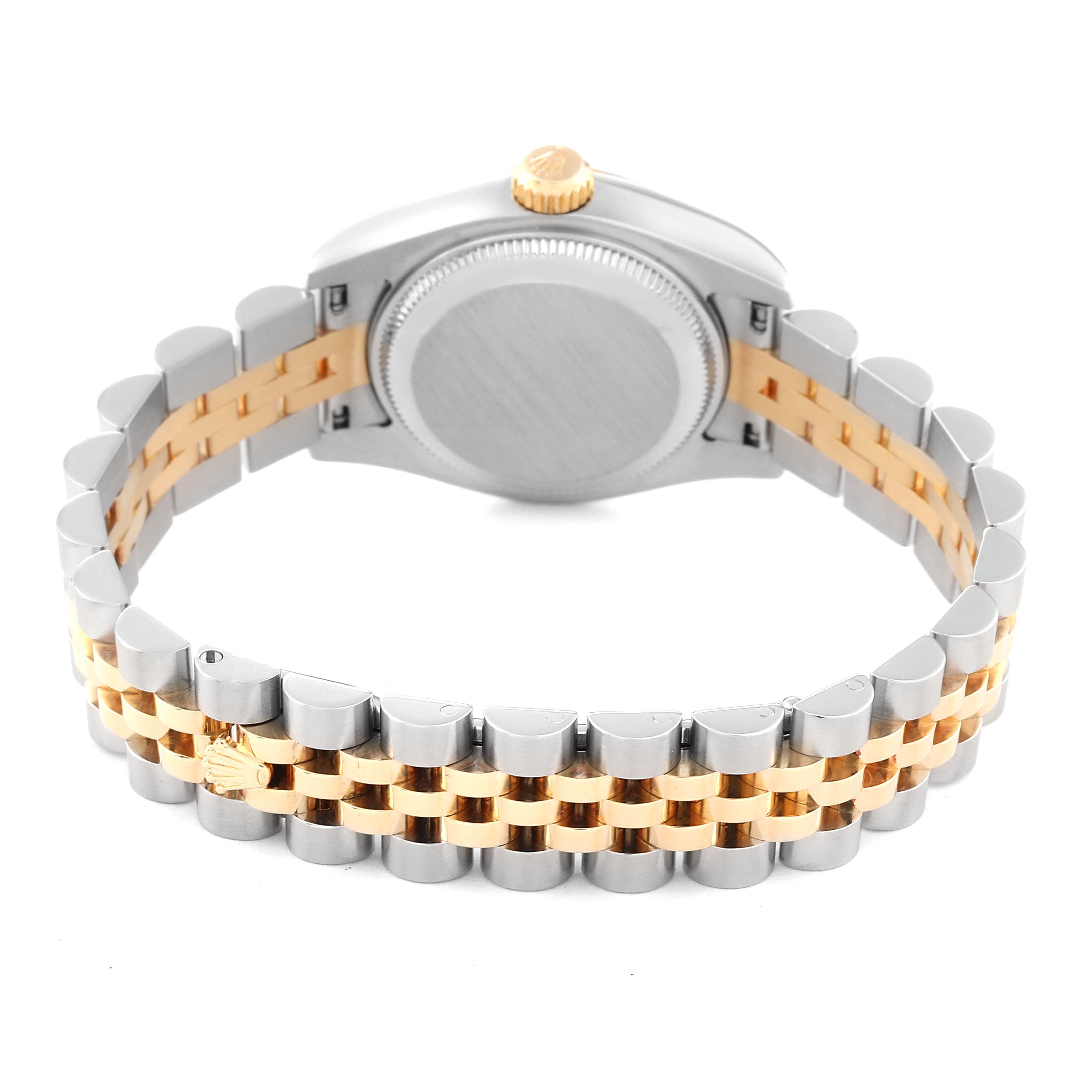 The image shows the back view of a Rolex Datejust 179163 Women's Steel and Gold (two tone) Blue Dial 179163 Women's Steel and Gold (two tone) Blue Dial watch, highlighting its caseback and two-tone Jubilee bracelet.