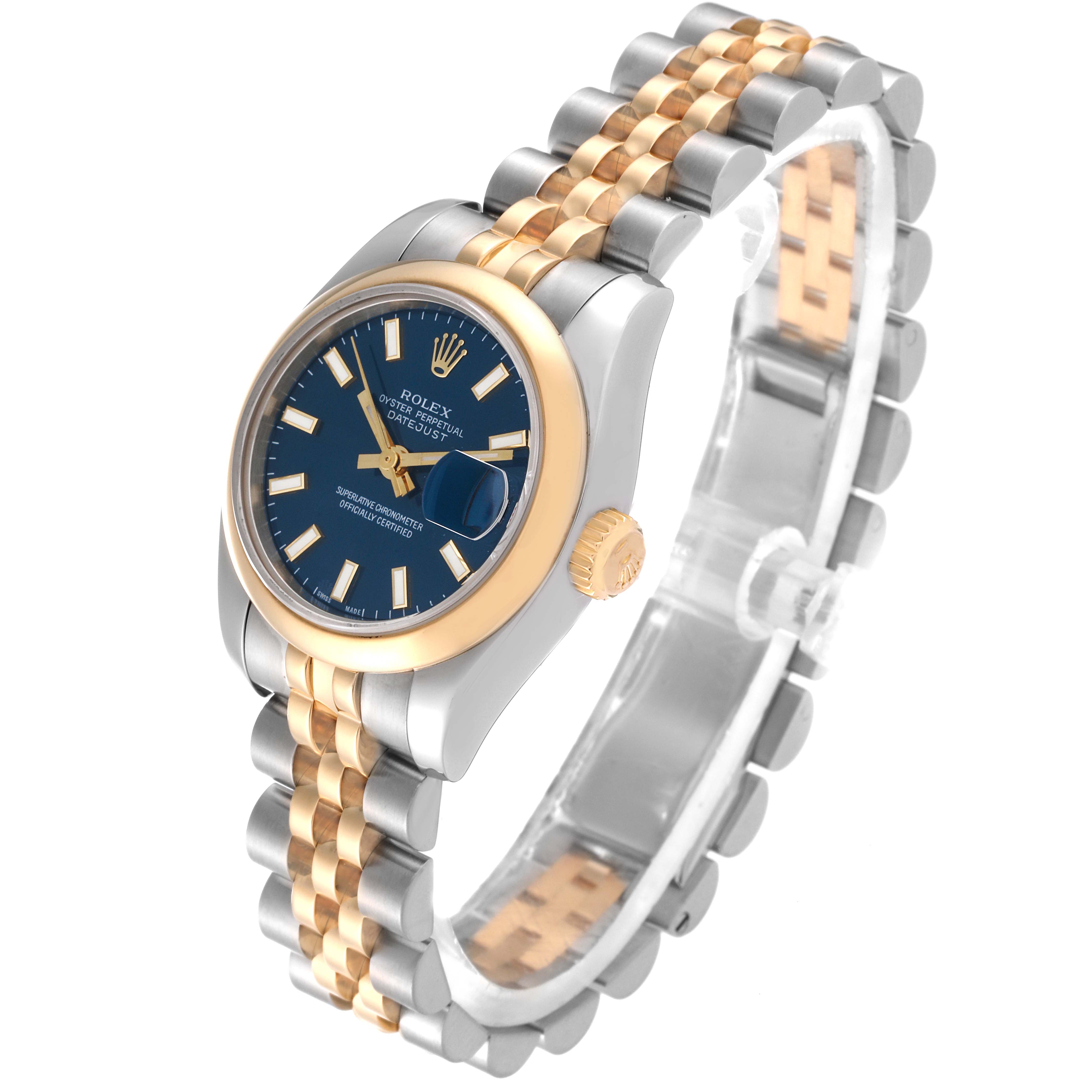 The image shows a Rolex Datejust 179163 Women's Steel and Gold (two tone) Blue Dial 179163 Women's Steel and Gold (two tone) Blue Dial watch at a slight angle, highlighting its two-tone band, blue dial, and date magnifier.
