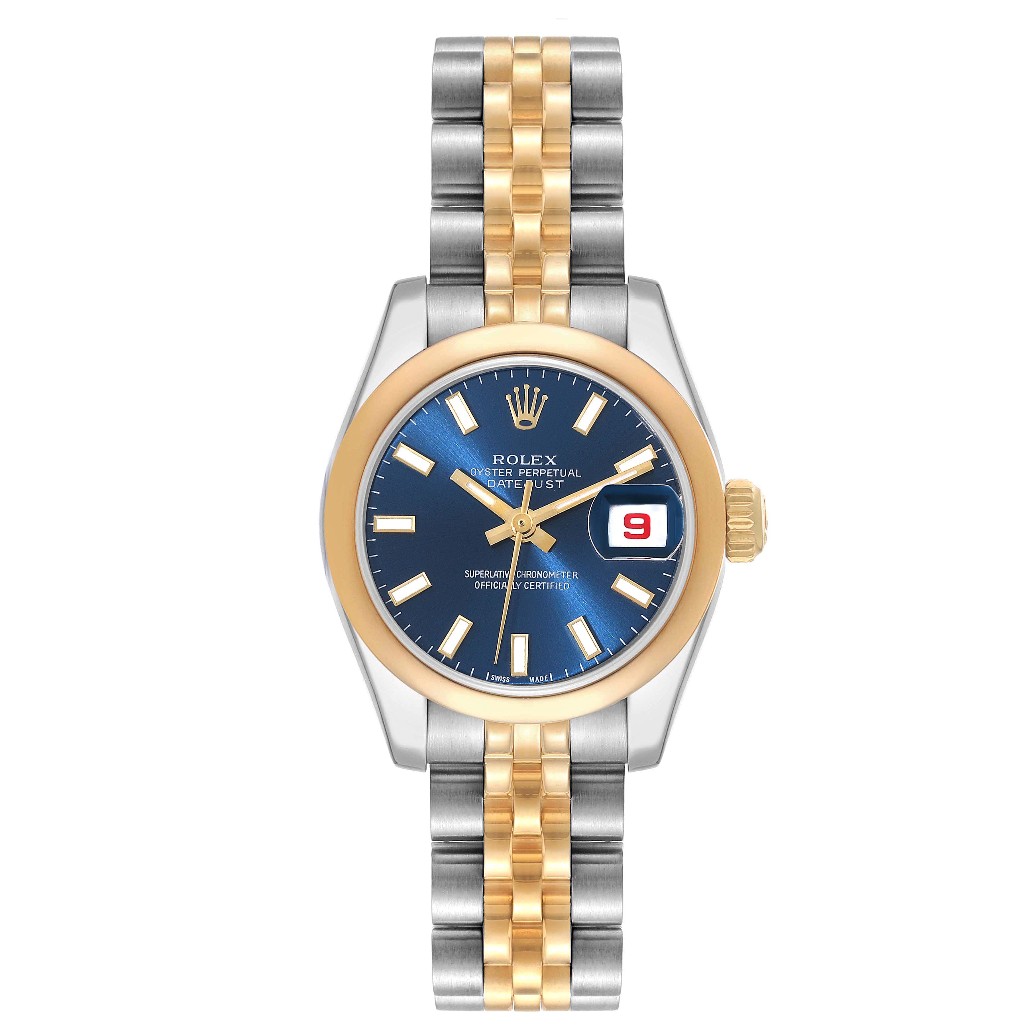 The image shows a frontal view of the Rolex Datejust 179163 Women's Steel and Gold (two tone) Blue Dial 179163 Women's Steel and Gold (two tone) Blue Dial watch, highlighting its dial, bezel, and two-tone bracelet.