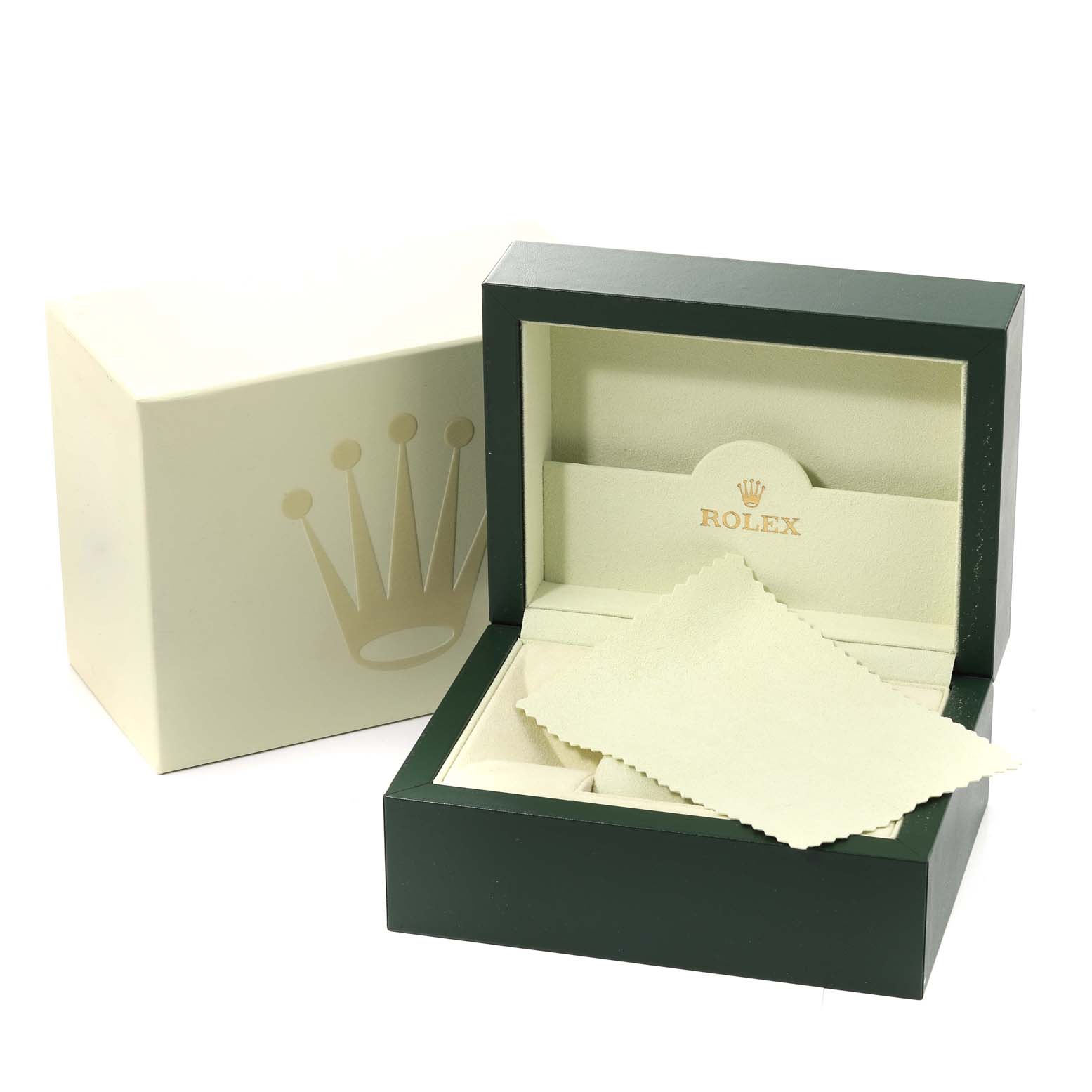 The image shows an open Rolex Datejust 179163 Women's Steel and Gold (two tone) Blue Dial 179163 Women's Steel and Gold (two tone) Blue Dial box and packaging along with a polishing cloth.