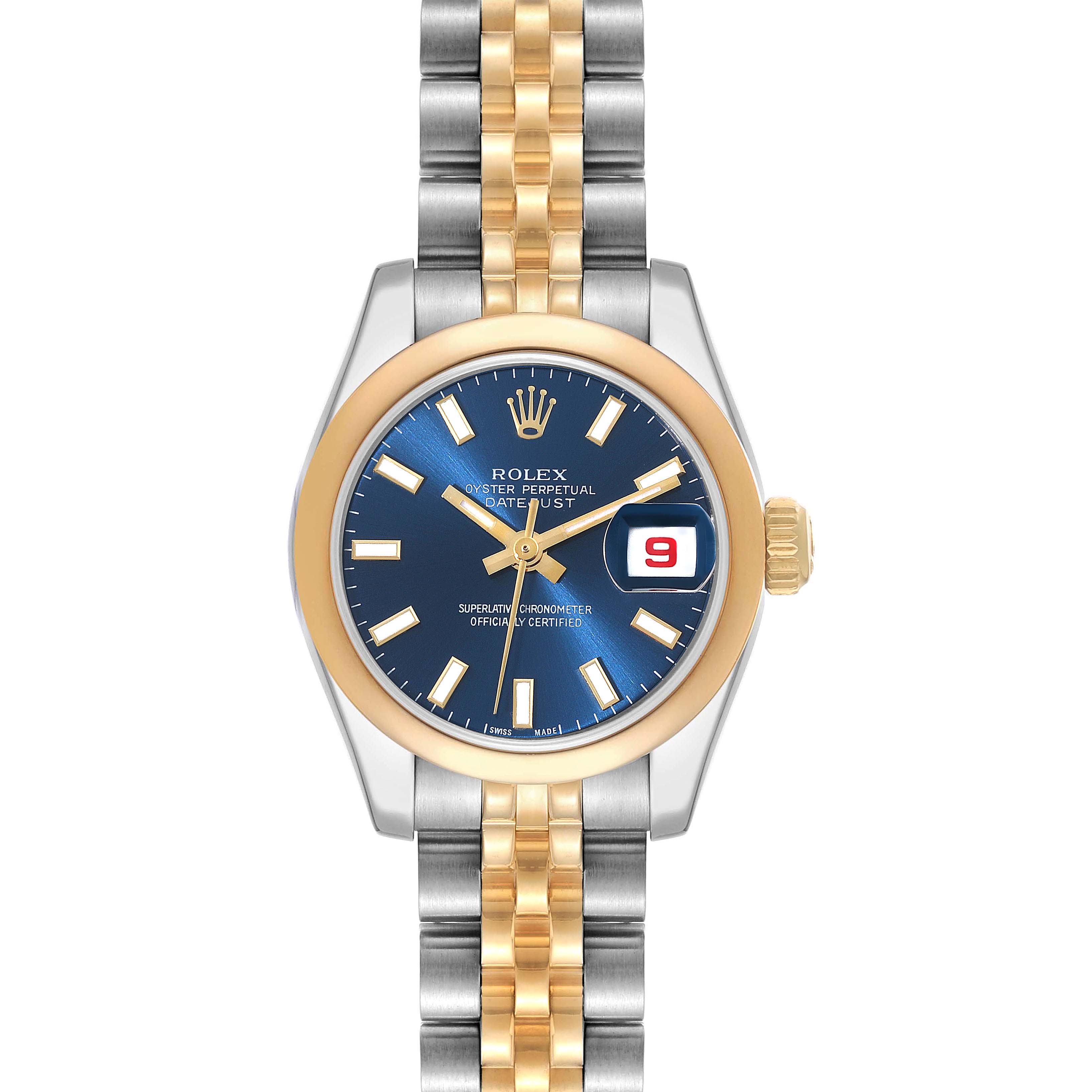 The image shows a frontal view of a Rolex Datejust 179163 Women's Steel and Gold (two tone) Blue Dial 179163 Women's Steel and Gold (two tone) Blue Dial watch with a blue dial, gold bezel, and a two-tone stainless steel and gold bracelet.