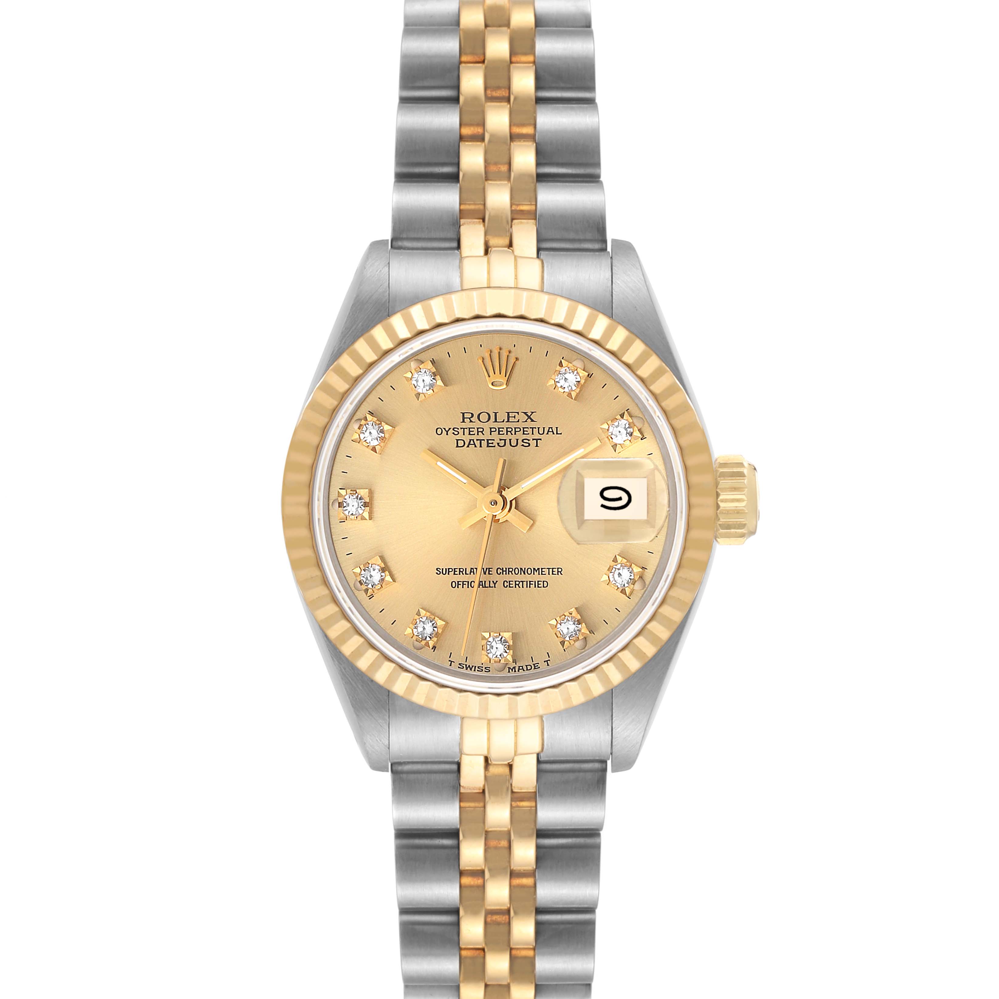 The Rolex Datejust 69173 Women's Steel and Gold (two tone) Champagne Dial 69173 Women's Steel and Gold (two tone) Champagne Dial watch is shown from a front angle, displaying the dial, bezel, bracelet, and crown.
