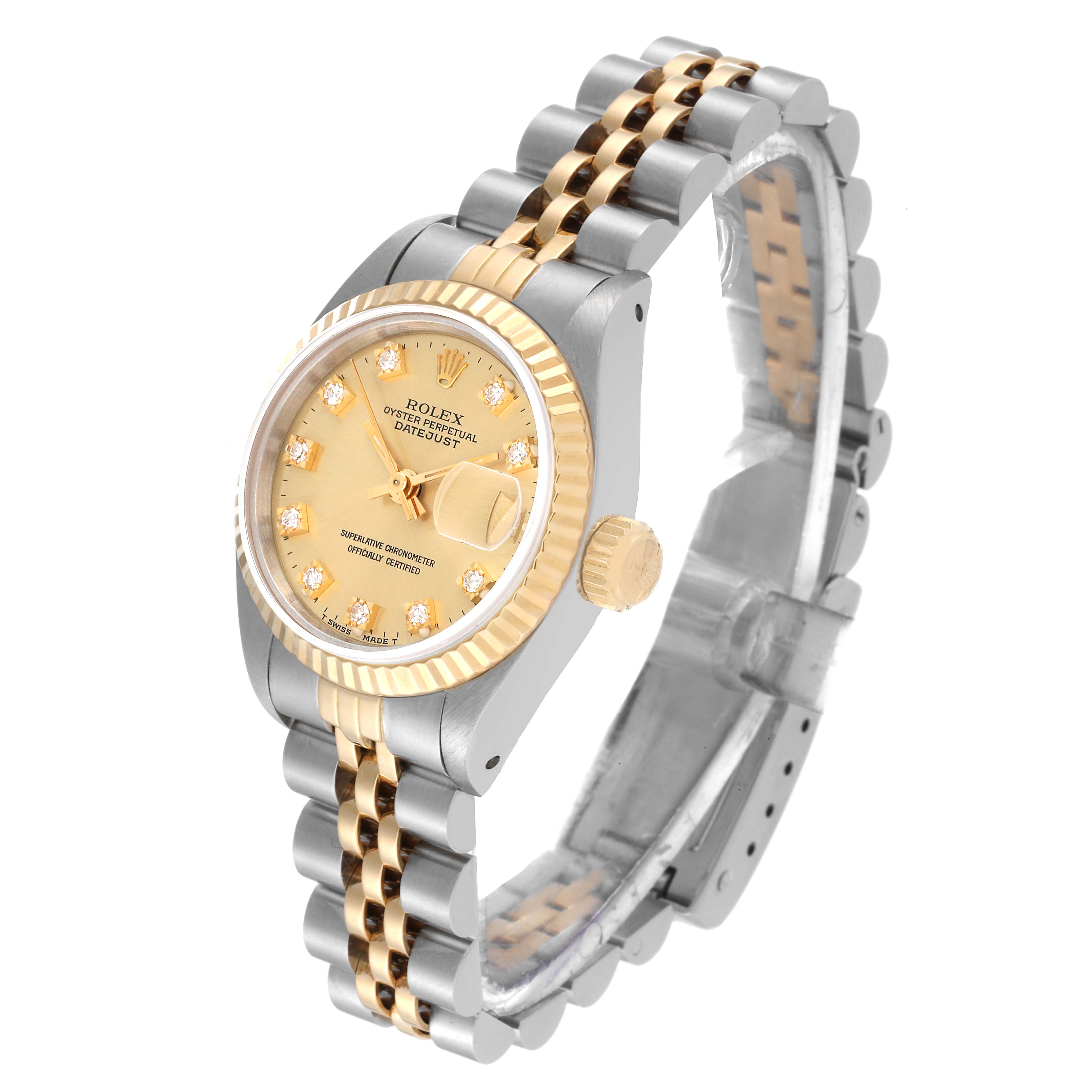 The image shows a Rolex Datejust 69173 Women's Steel and Gold (two tone) Champagne Dial 69173 Women's Steel and Gold (two tone) Champagne Dial watch angled to display its dial, bezel, crown, and two-tone bracelet.