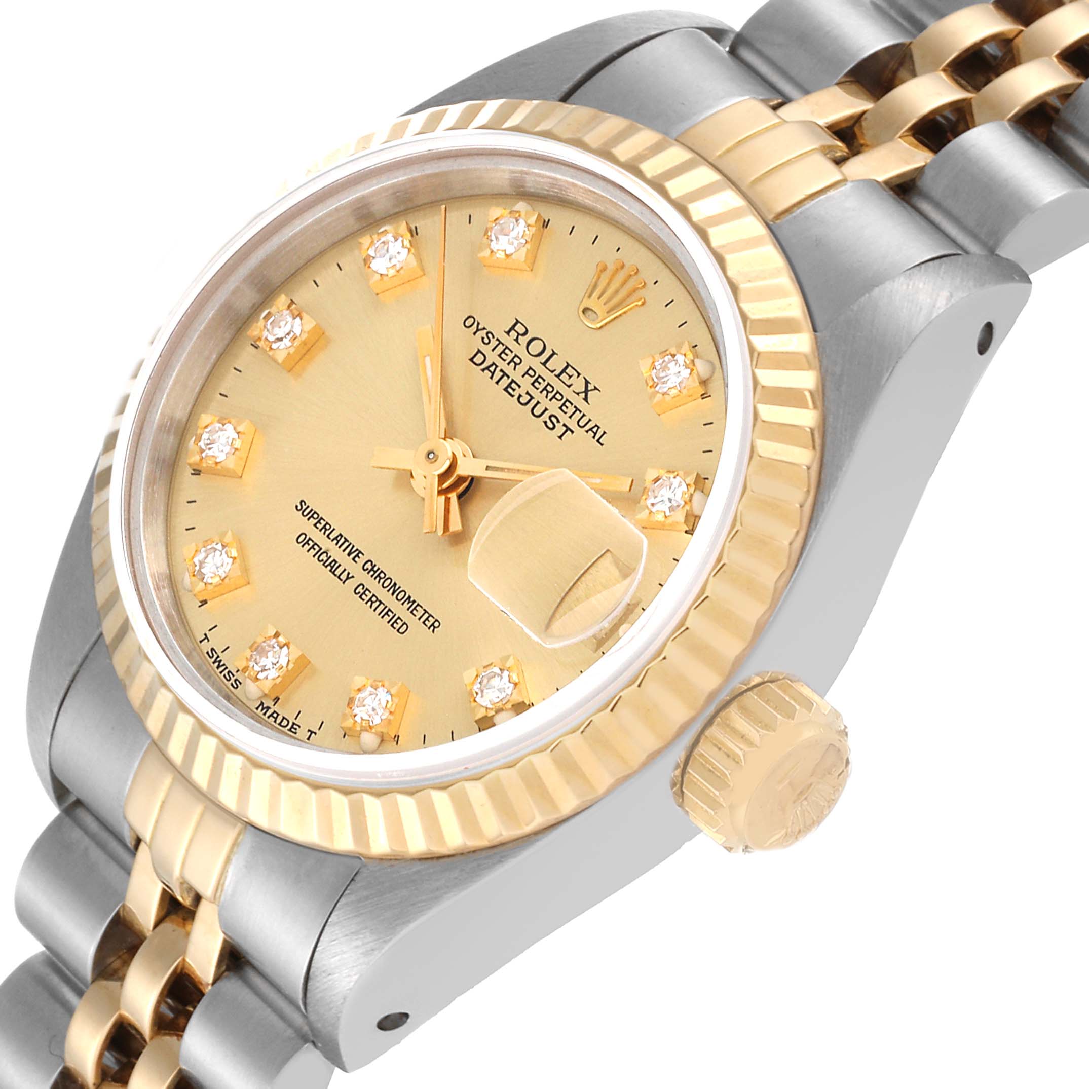 This image shows a Rolex Datejust 69173 Women's Steel and Gold (two tone) Champagne Dial 69173 Women's Steel and Gold (two tone) Champagne Dial watch at an angled side view, highlighting the dial, bezel, crown, and part of the bracelet.