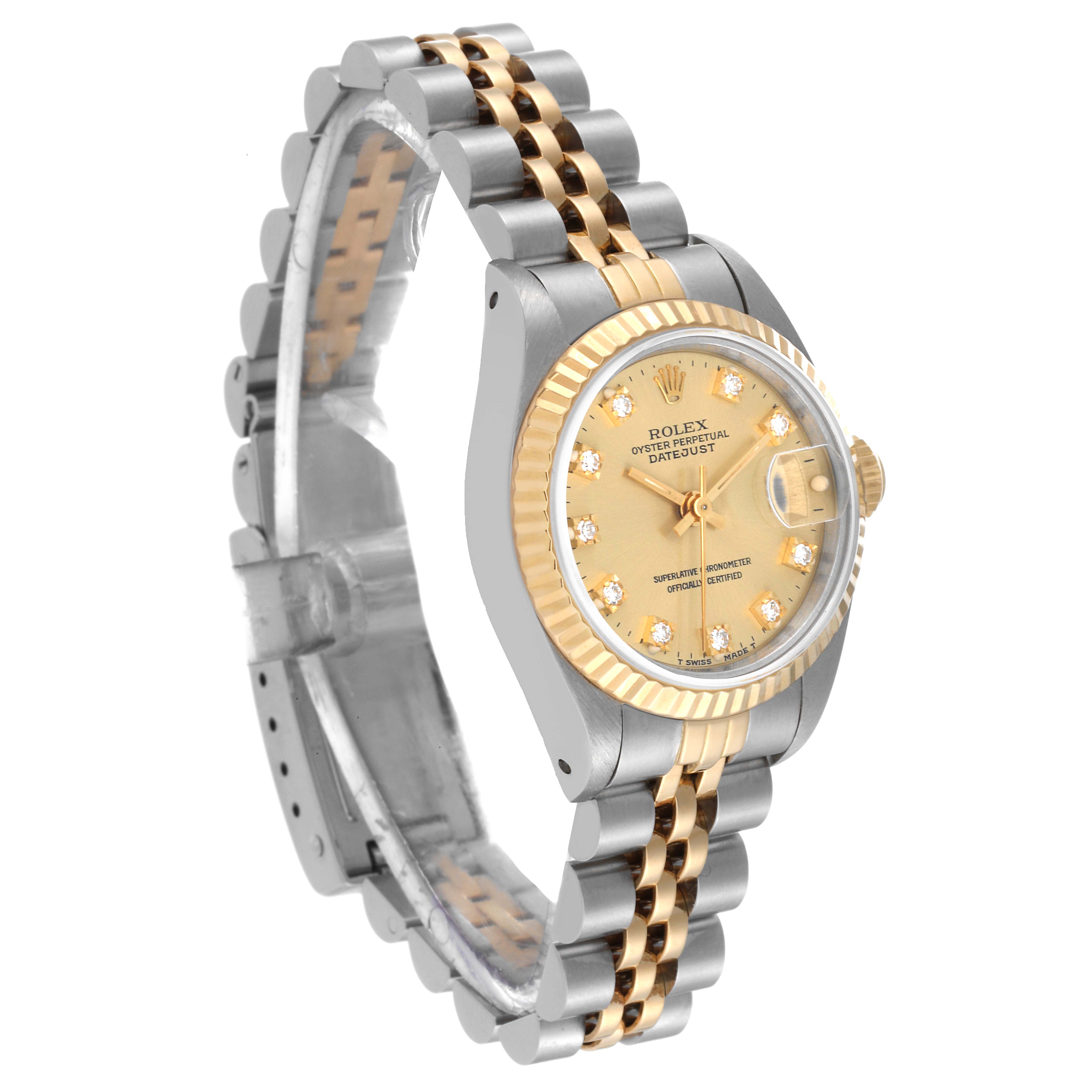 The Rolex Datejust 69173 Women's Steel and Gold (two tone) Champagne Dial 69173 Women's Steel and Gold (two tone) Champagne Dial watch is shown at a slight angle, highlighting the gold and silver bracelet, dial, and fluted bezel.