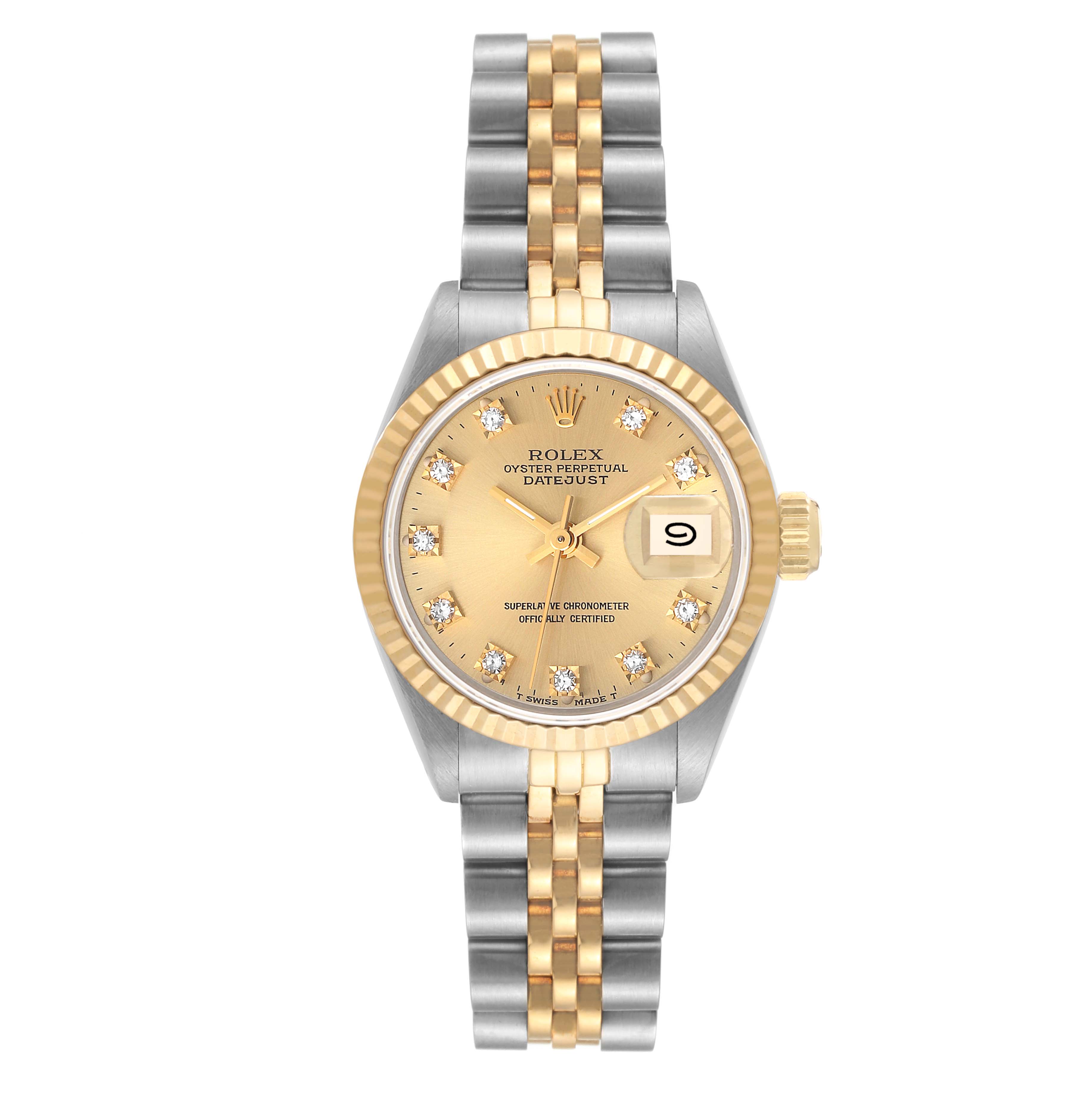 This image shows a Rolex Datejust 69173 Women's Steel and Gold (two tone) Champagne Dial 69173 Women's Steel and Gold (two tone) Champagne Dial watch from a front angle, highlighting its gold and silver bracelet, gold dial, and diamond hour markers.
