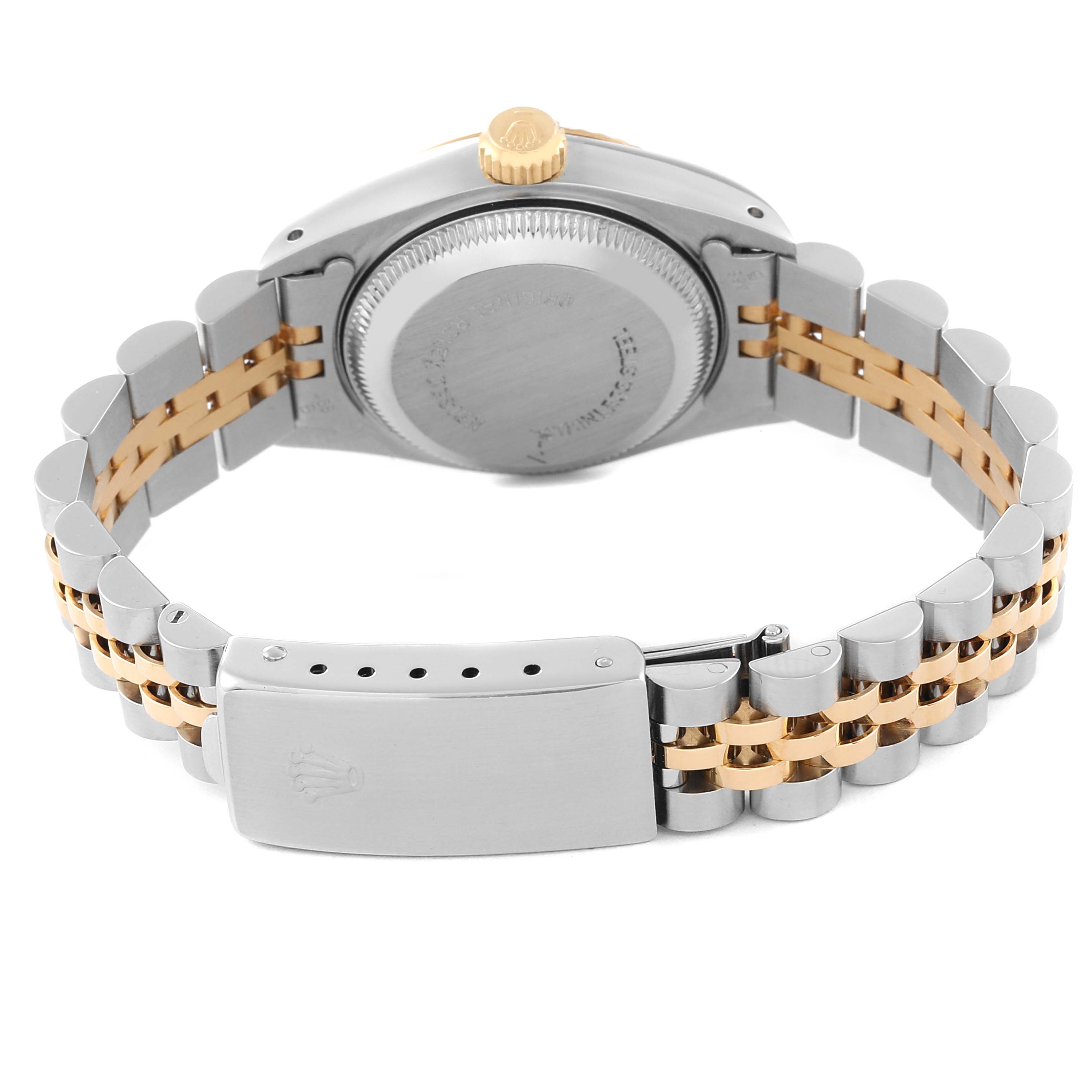 The image shows the back and clasp of the Rolex Datejust 69173 Women's Steel and Gold (two tone) Champagne Dial 69173 Women's Steel and Gold (two tone) Champagne Dial watch, highlighting the two-tone bracelet and case back.