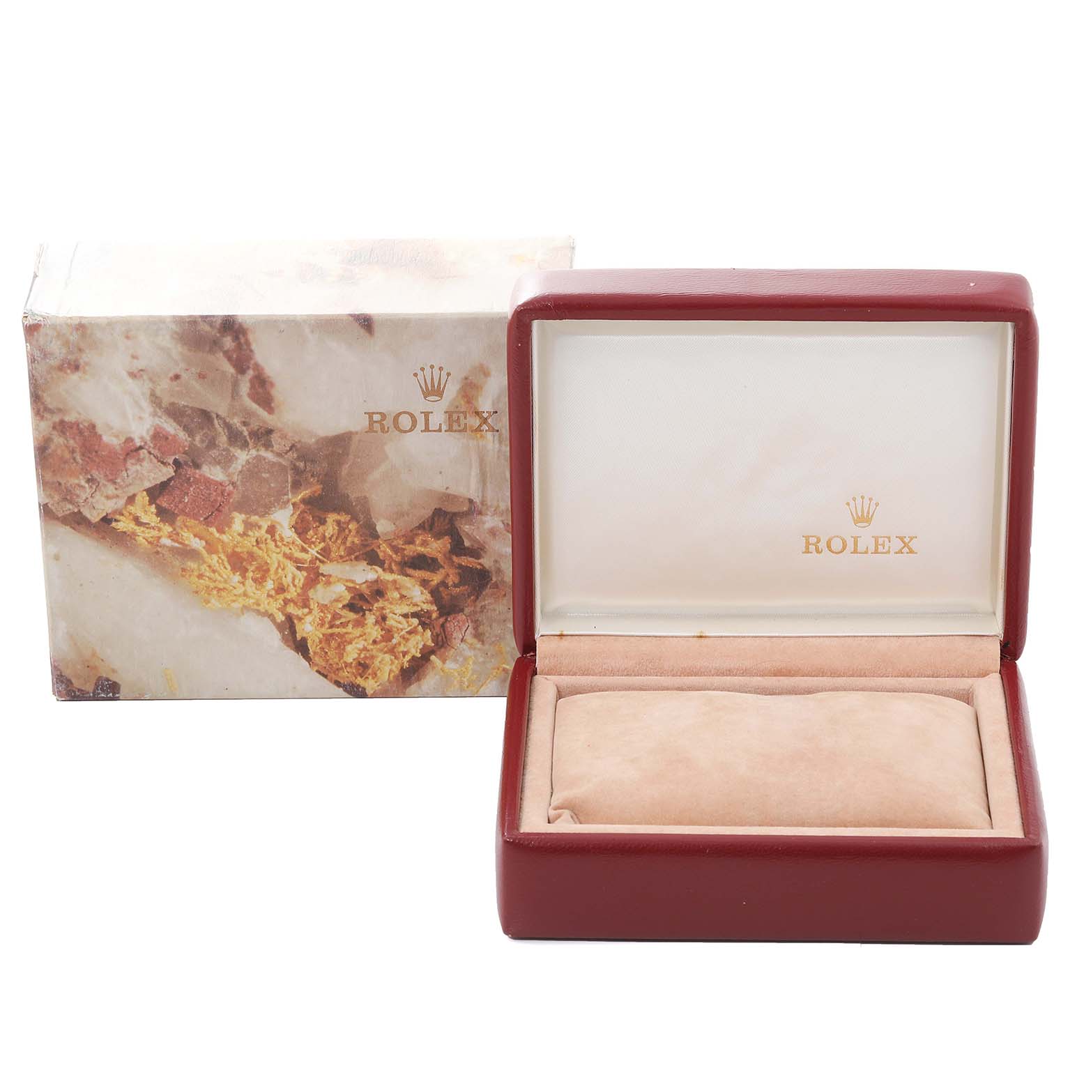 The image shows a Rolex Datejust 69173 Women's Steel and Gold (two tone) Champagne Dial 69173 Women's Steel and Gold (two tone) Champagne Dial watch box and packaging from a front angle, with the box open and a pillow inside.