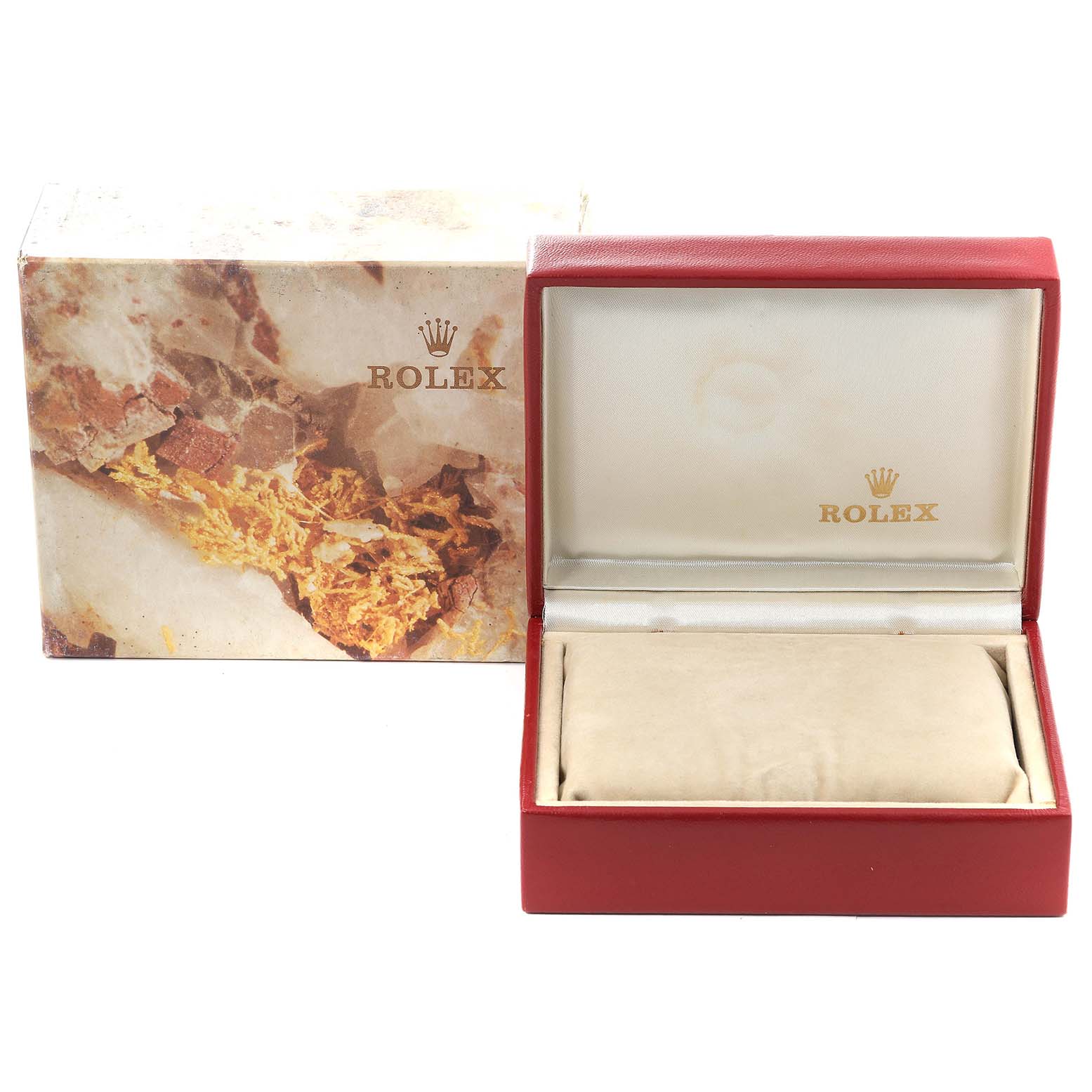 The image shows an empty Rolex Datejust 69173 Women's Steel and Gold (two tone) Champagne Dial 69173 Women's Steel and Gold (two tone) Champagne Dial watch box with its outer packaging, opened to display the interior.