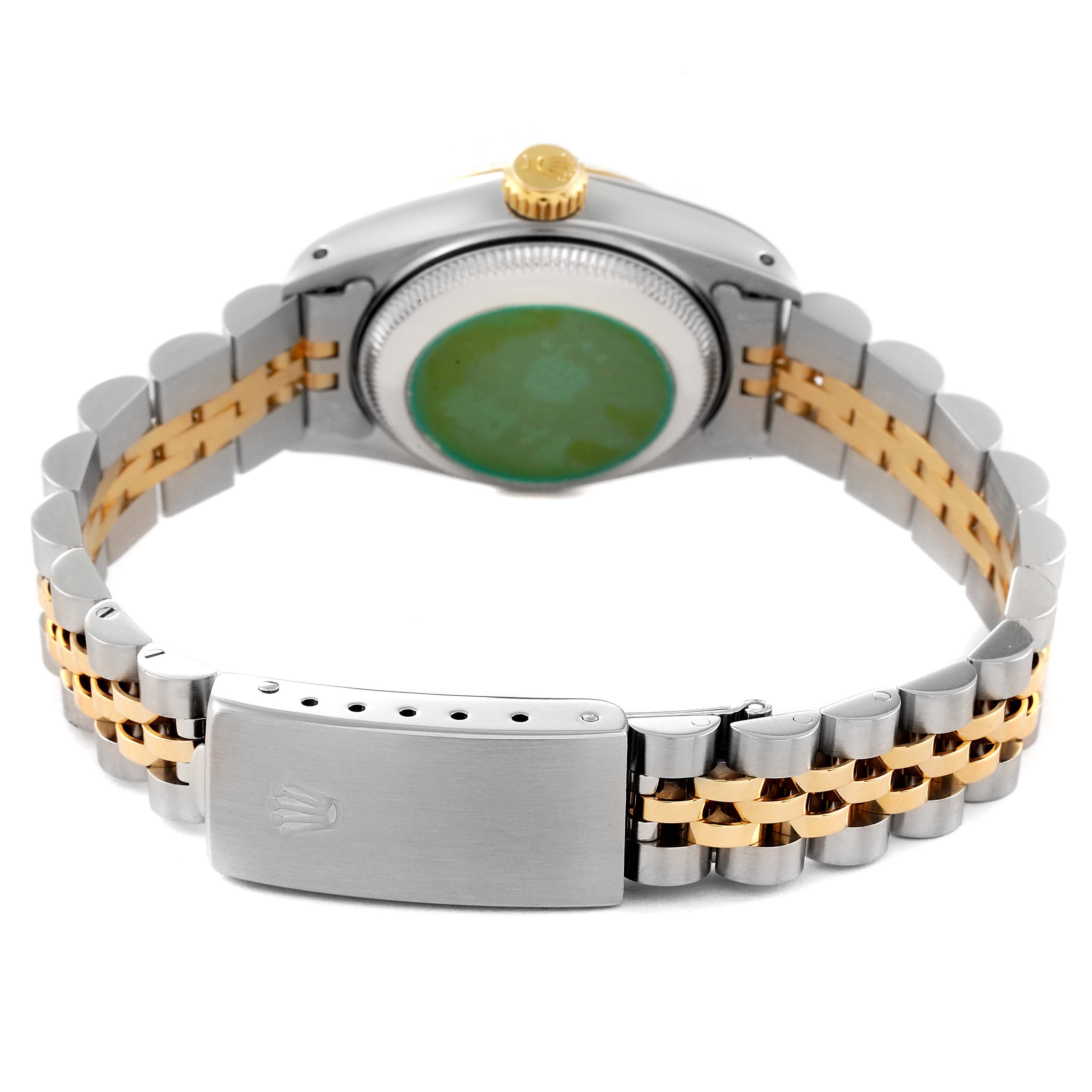 This image shows the back view of a Rolex Datejust 69173 Women's Steel and Gold (two tone) Champagne Dial 69173 Women's Steel and Gold (two tone) Champagne Dial watch, highlighting the clasp, bracelet, and case back.