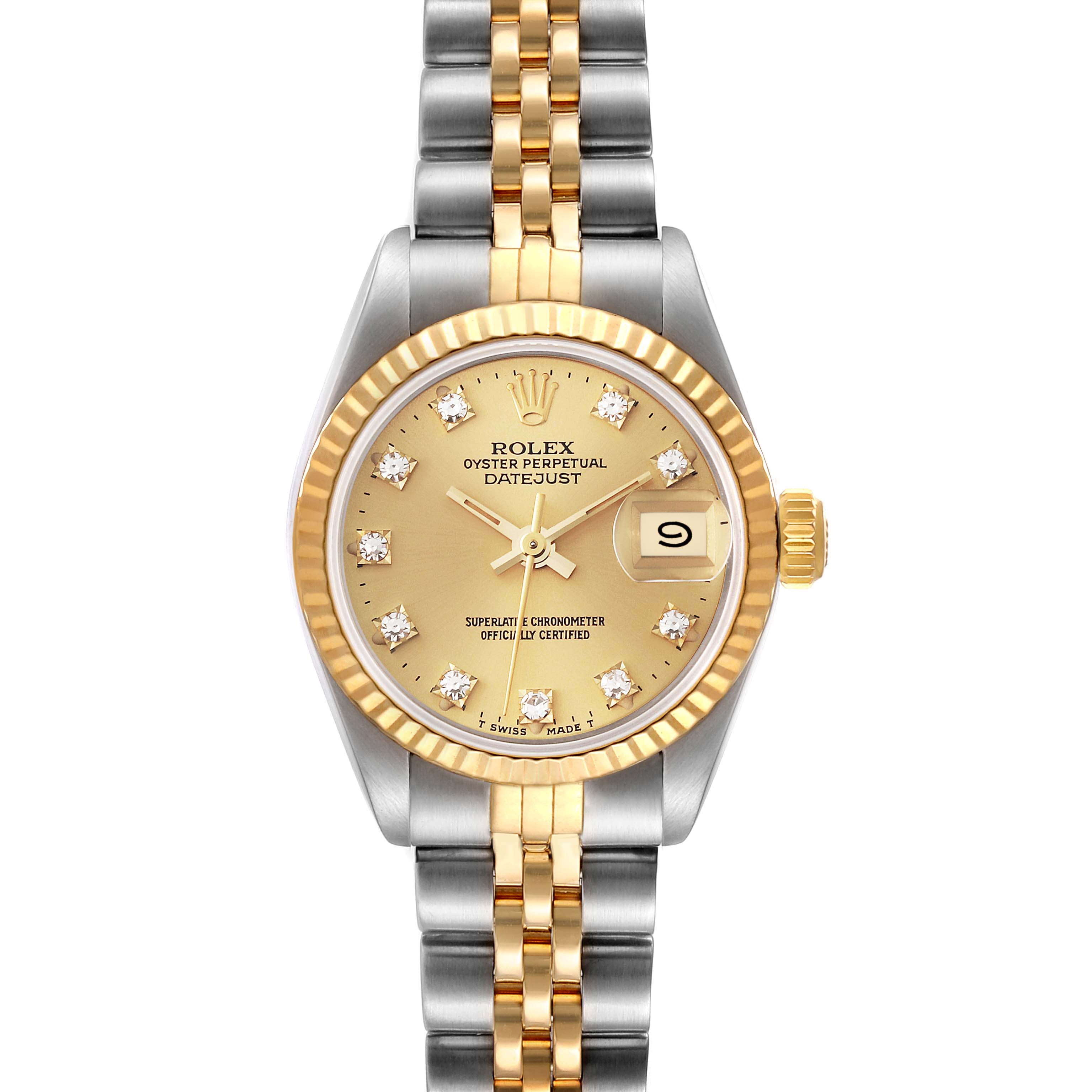 The image shows a Rolex Datejust 69173 Women's Steel and Gold (two tone) Champagne Dial 69173 Women's Steel and Gold (two tone) Champagne Dial watch from a top-down angle, highlighting its dial, bezel, and two-tone bracelet.