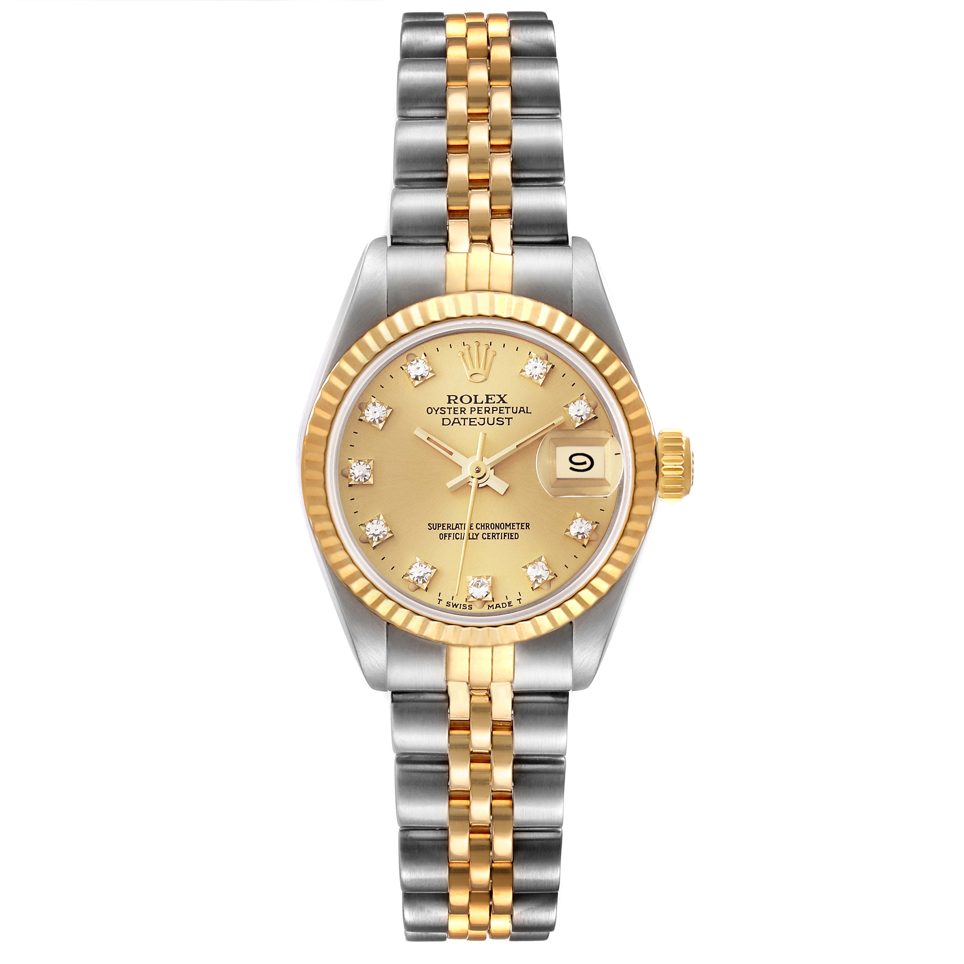 The image shows a Rolex Datejust 69173 Women's Steel and Gold (two tone) Champagne Dial 69173 Women's Steel and Gold (two tone) Champagne Dial watch from a top-down view, featuring its two-tone bracelet, gold fluted bezel, and champagne dial.