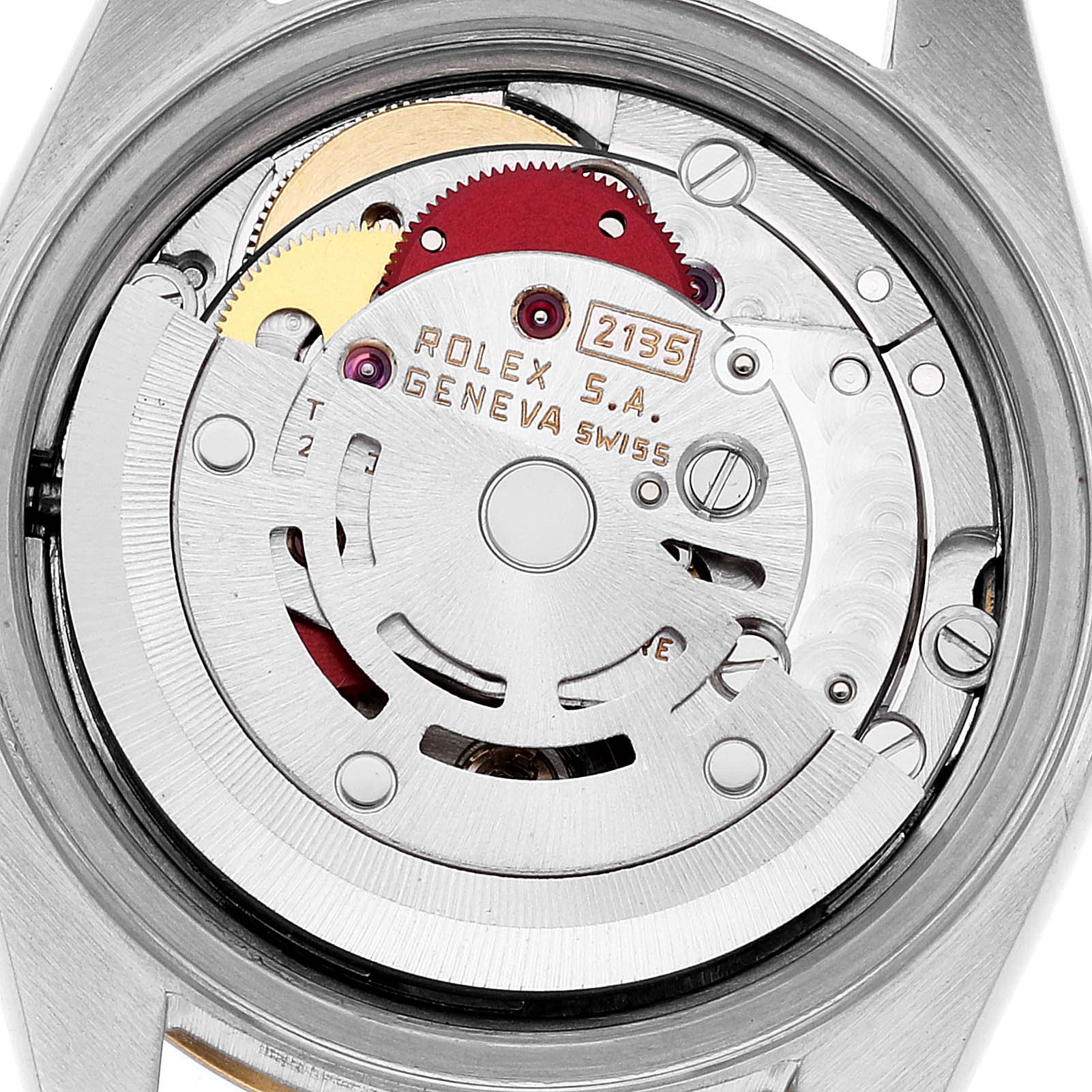 This image shows the movement and internal components of a Rolex Datejust 69173 Women's Steel and Gold (two tone) Champagne Dial 69173 Women's Steel and Gold (two tone) Champagne Dial model from a rear angle.