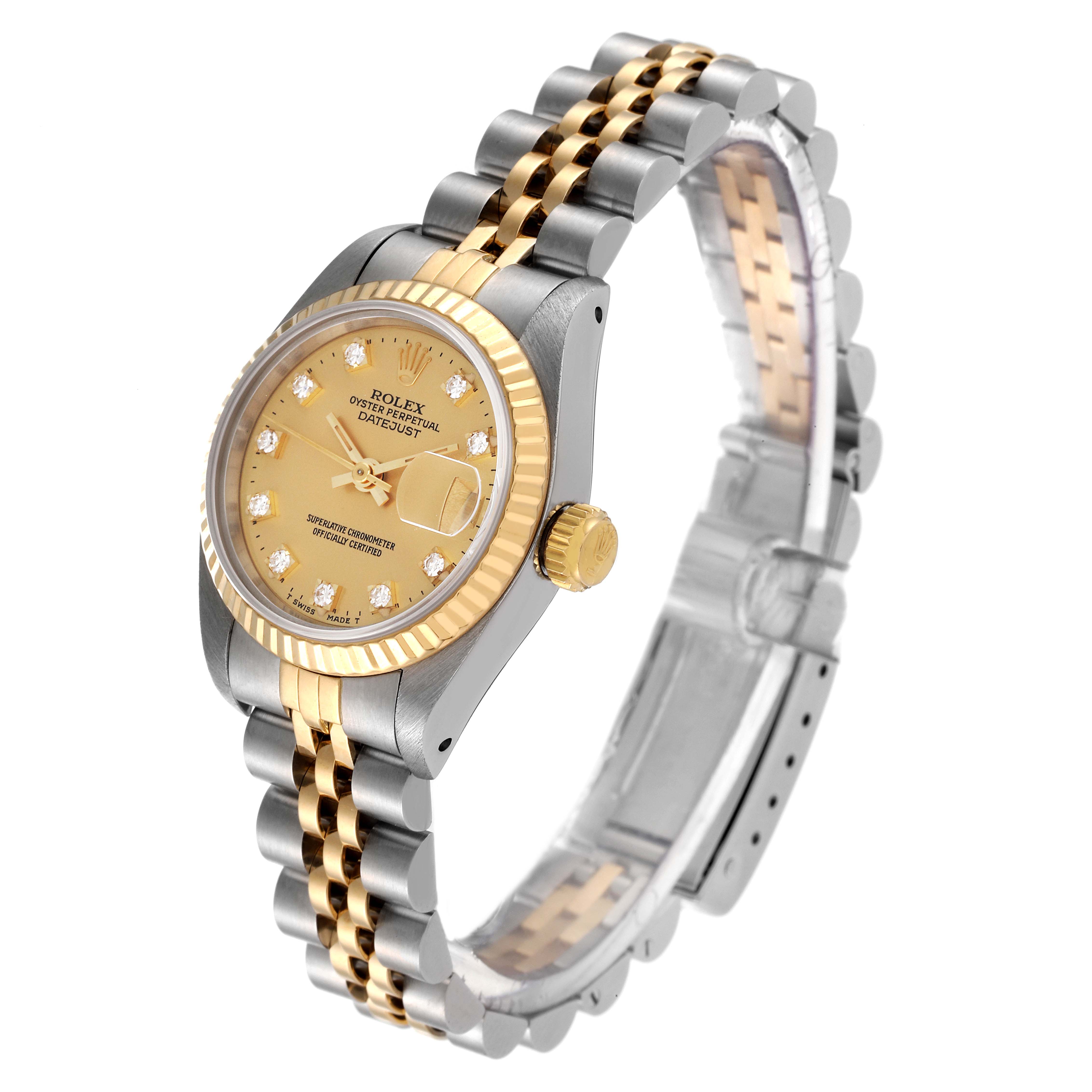 The image shows an angled view of the Rolex Datejust 69173 Women's Steel and Gold (two tone) Champagne Dial 69173 Women's Steel and Gold (two tone) Champagne Dial watch, highlighting the gold and silver bracelet, dial, and crown.
