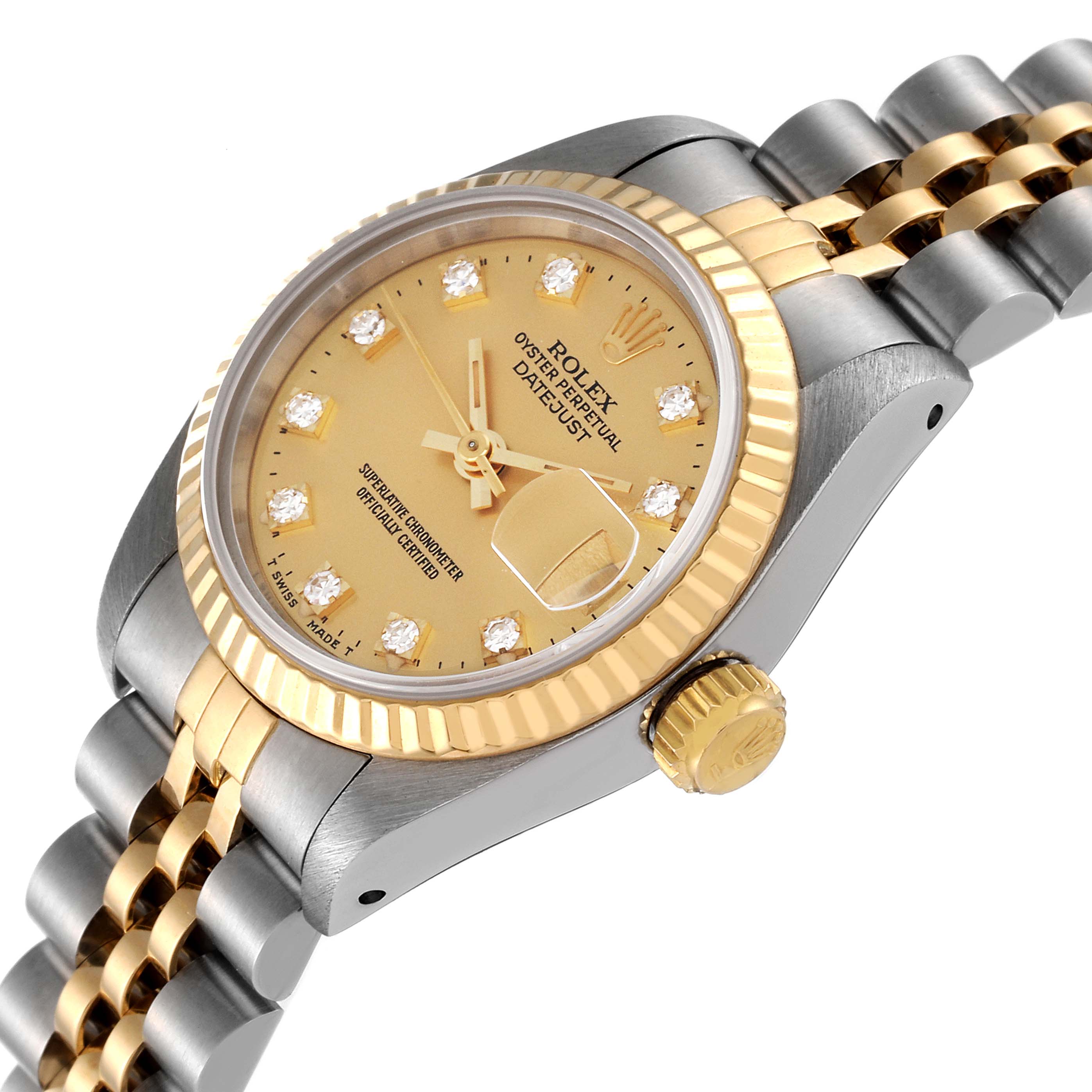 The image shows a Rolex Datejust 69173 Women's Steel and Gold (two tone) Champagne Dial 69173 Women's Steel and Gold (two tone) Champagne Dial watch at a slight angle, highlighting the dial, bezel, crown, and part of the bracelet.
