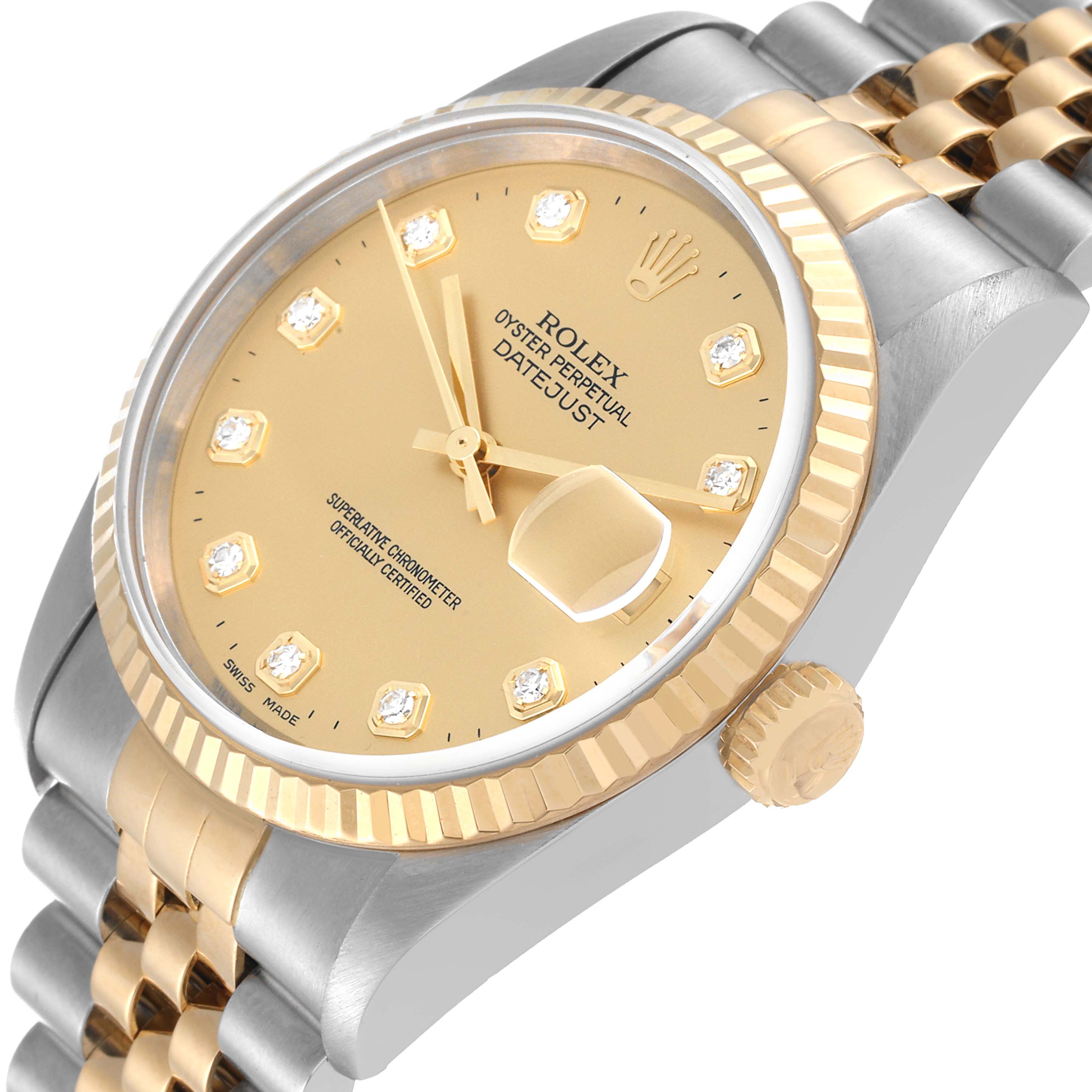 This image shows the face, bezel, crown, and bracelet of a Rolex Datejust 16233 Men's Steel and Gold (two tone) Champagne Dial 16233 Men's Steel and Gold (two tone) Champagne Dial watch at an oblique angle.