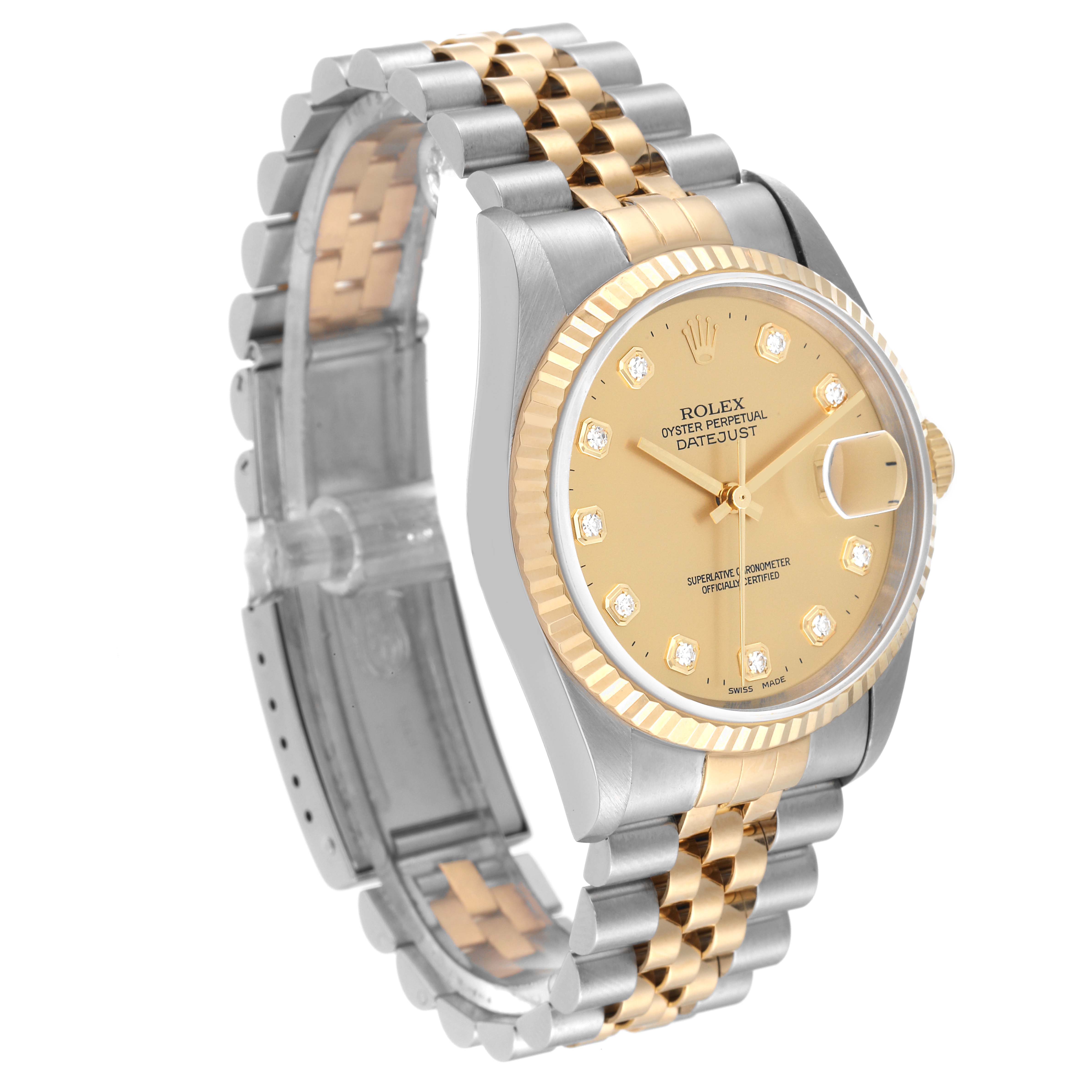 The Rolex Datejust 16233 Men's Steel and Gold (two tone) Champagne Dial 16233 Men's Steel and Gold (two tone) Champagne Dial watch is shown from a three-quarter angle, highlighting its two-tone bracelet, bezel, and dial.