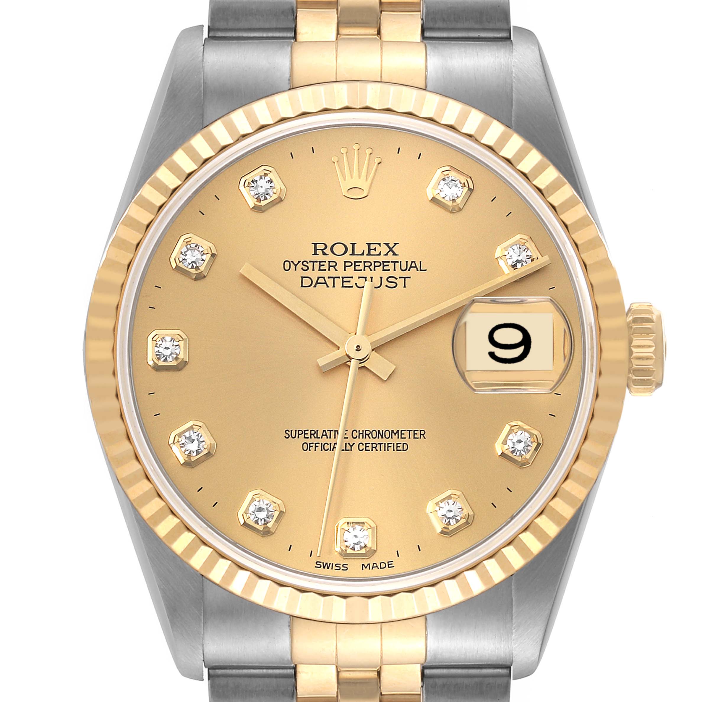 This image shows a frontal view of a Rolex Datejust 16233 Men's Steel and Gold (two tone) Champagne Dial 16233 Men's Steel and Gold (two tone) Champagne Dial watch, highlighting the dial, date window, and two-tone bracelet.