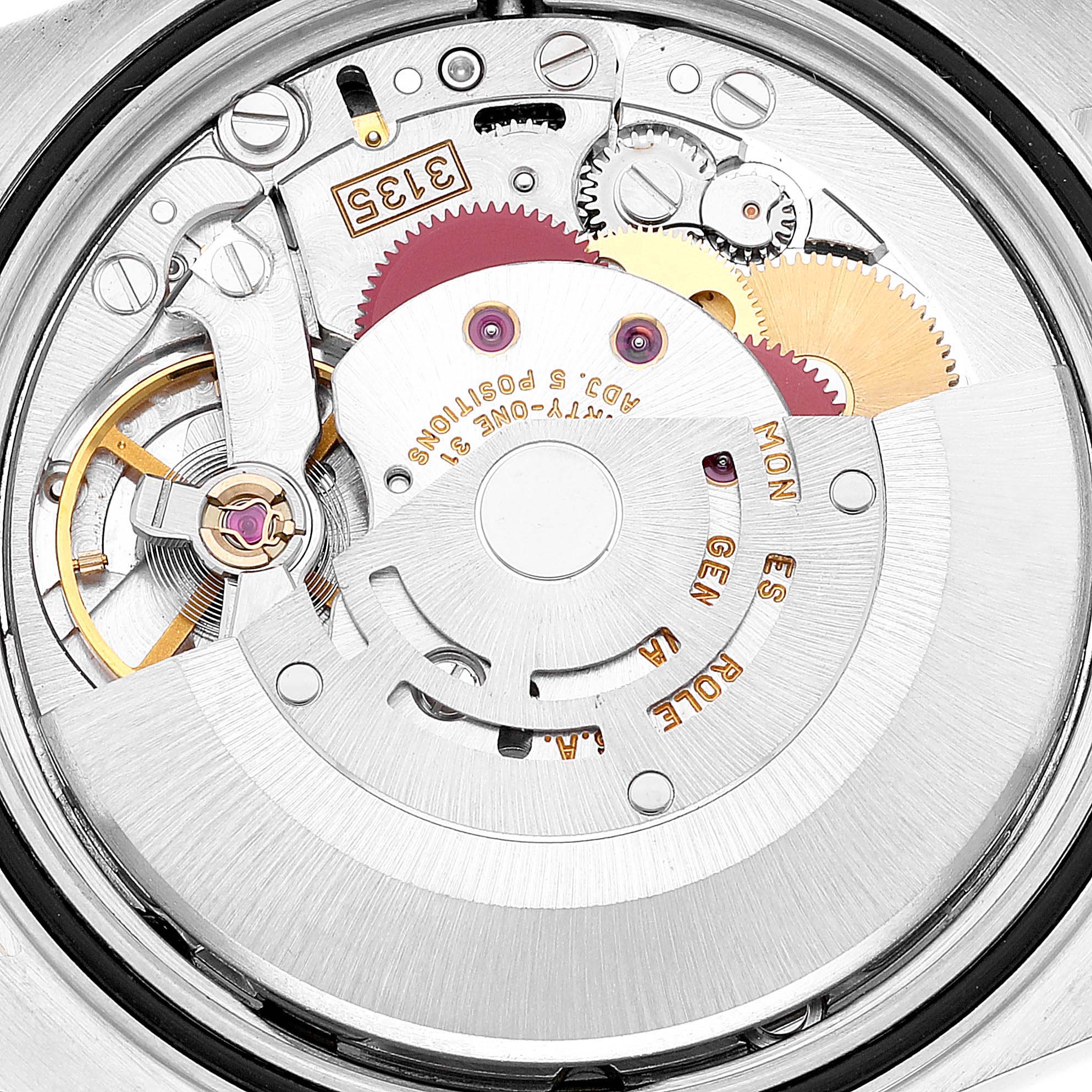 This image shows a close-up of the movement and internal mechanism of a Rolex Datejust 16233 Men's Steel and Gold (two tone) Champagne Dial 16233 Men's Steel and Gold (two tone) Champagne Dial watch.