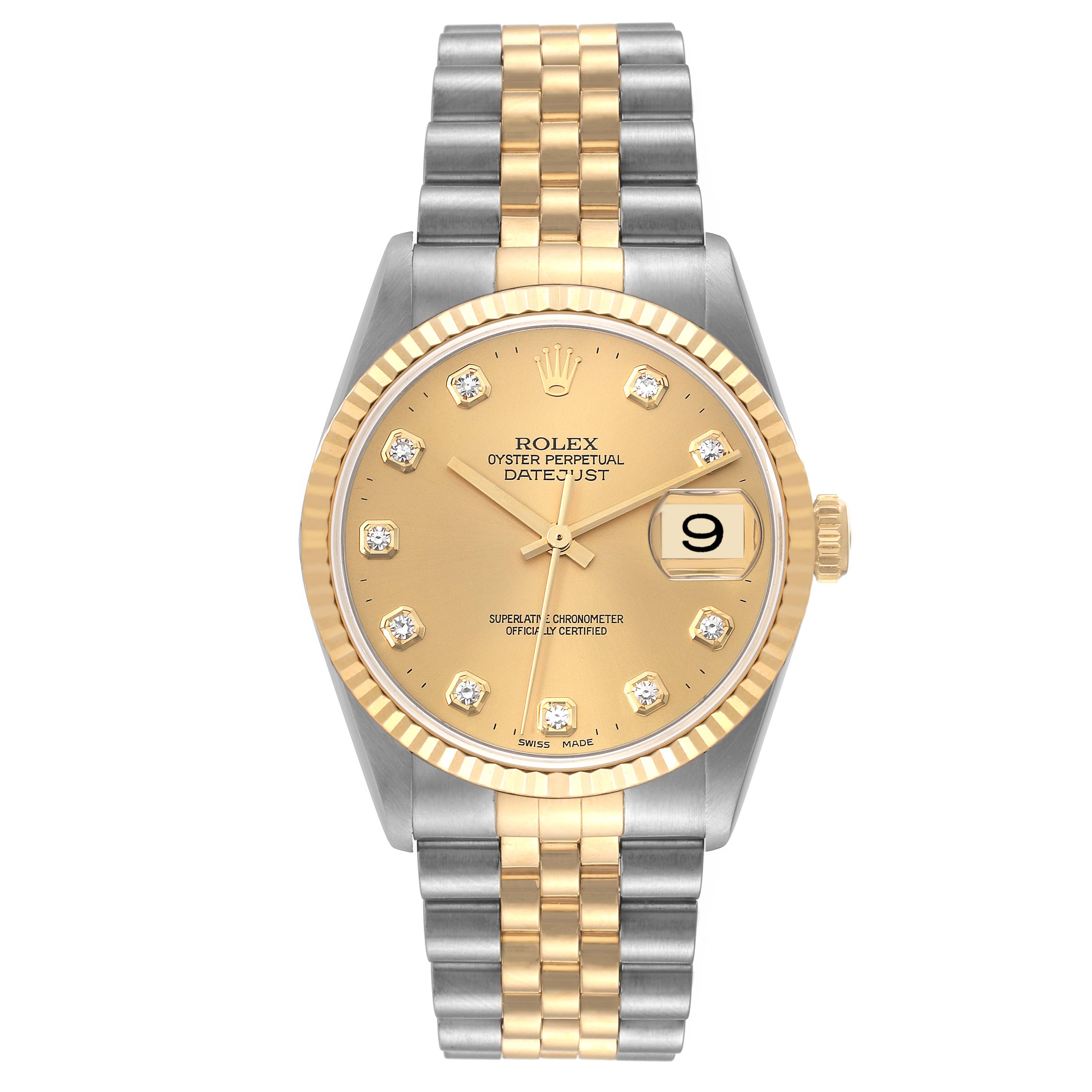 The Rolex Datejust 16233 Men's Steel and Gold (two tone) Champagne Dial 16233 Men's Steel and Gold (two tone) Champagne Dial watch is shown from a front angle, displaying its face, bezel, and bracelet.