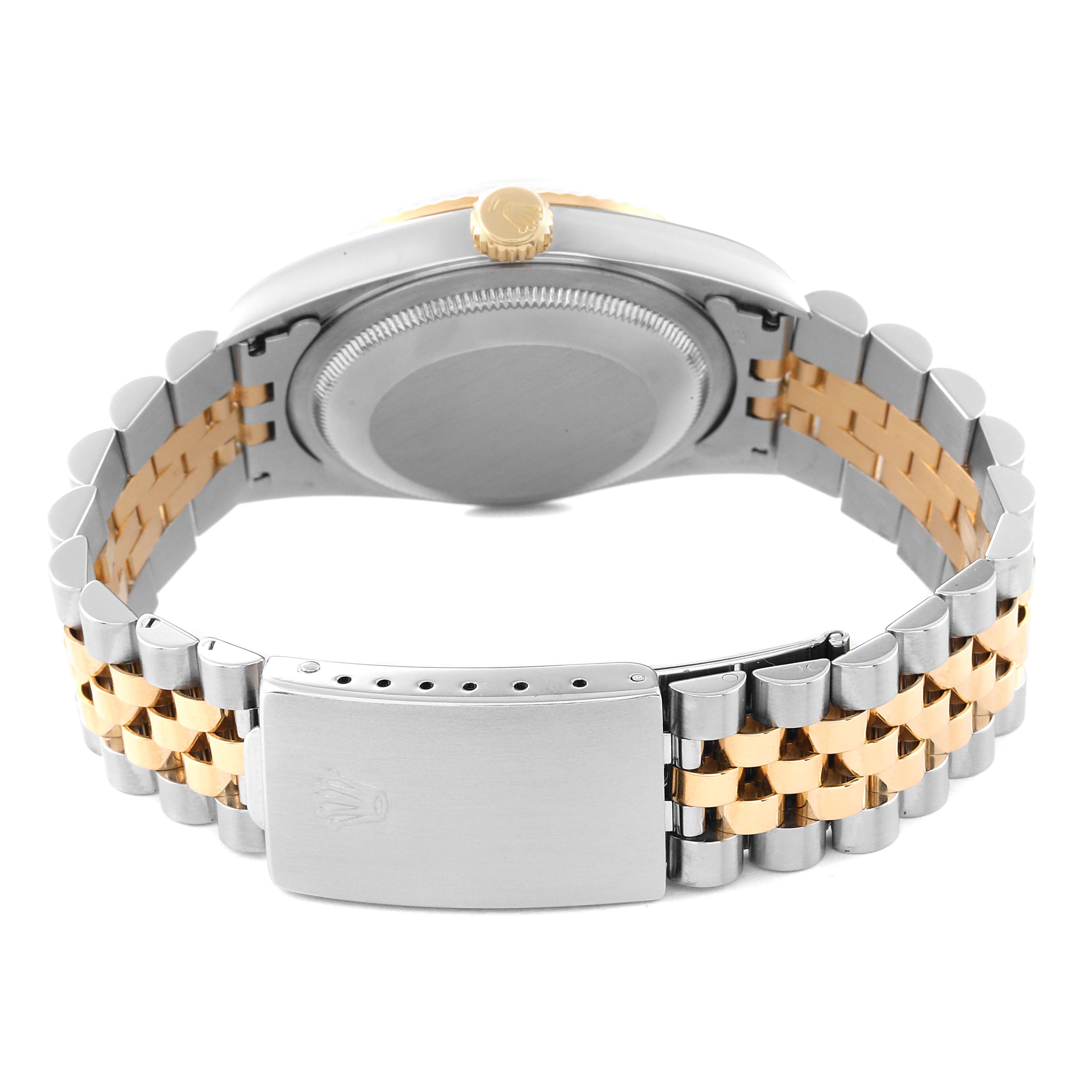 This image shows the back of a Rolex Datejust 16233 Men's Steel and Gold (two tone) Champagne Dial 16233 Men's Steel and Gold (two tone) Champagne Dial watch, highlighting the closed bracelet and case back.