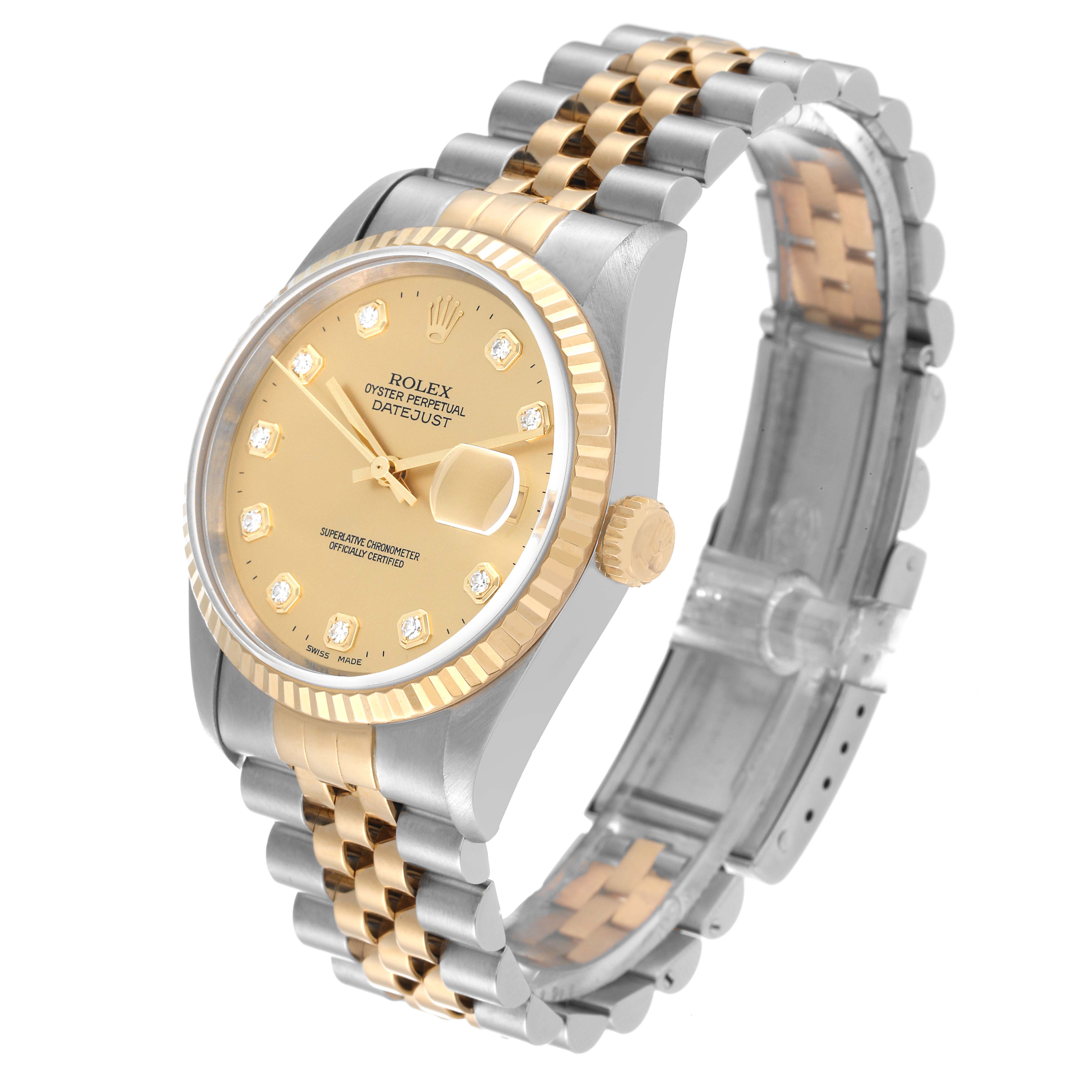 The Rolex Datejust 16233 Men's Steel and Gold (two tone) Champagne Dial 16233 Men's Steel and Gold (two tone) Champagne Dial watch is shown at a slight angled view featuring the dial, bezel, and two-tone bracelet.