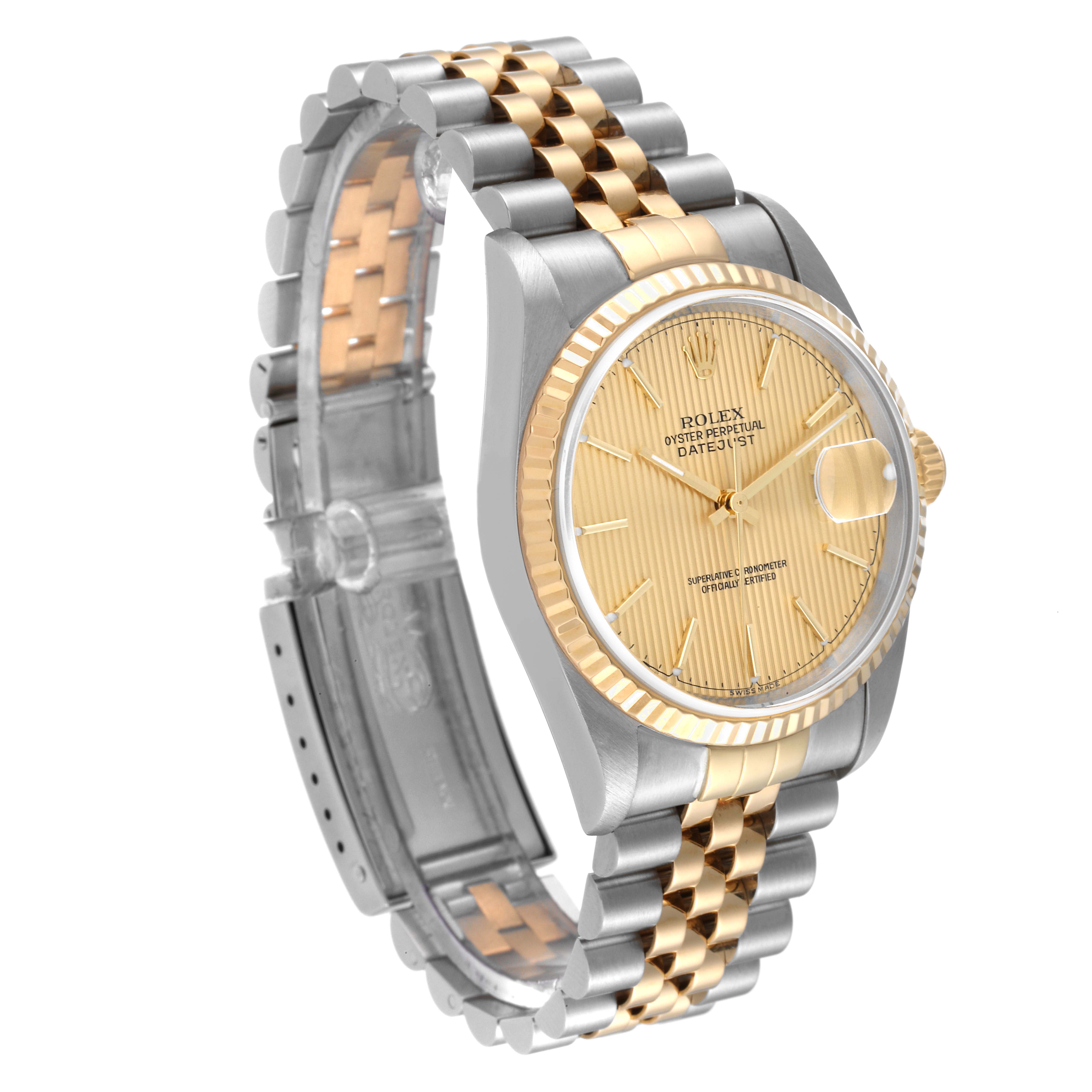 This image shows a side angle of a Rolex Datejust 16233 Men's Steel and Gold (two tone) Champagne Dial 16233 Men's Steel and Gold (two tone) Champagne Dial watch, highlighting its gold bezel, dial, and two-tone metal bracelet.