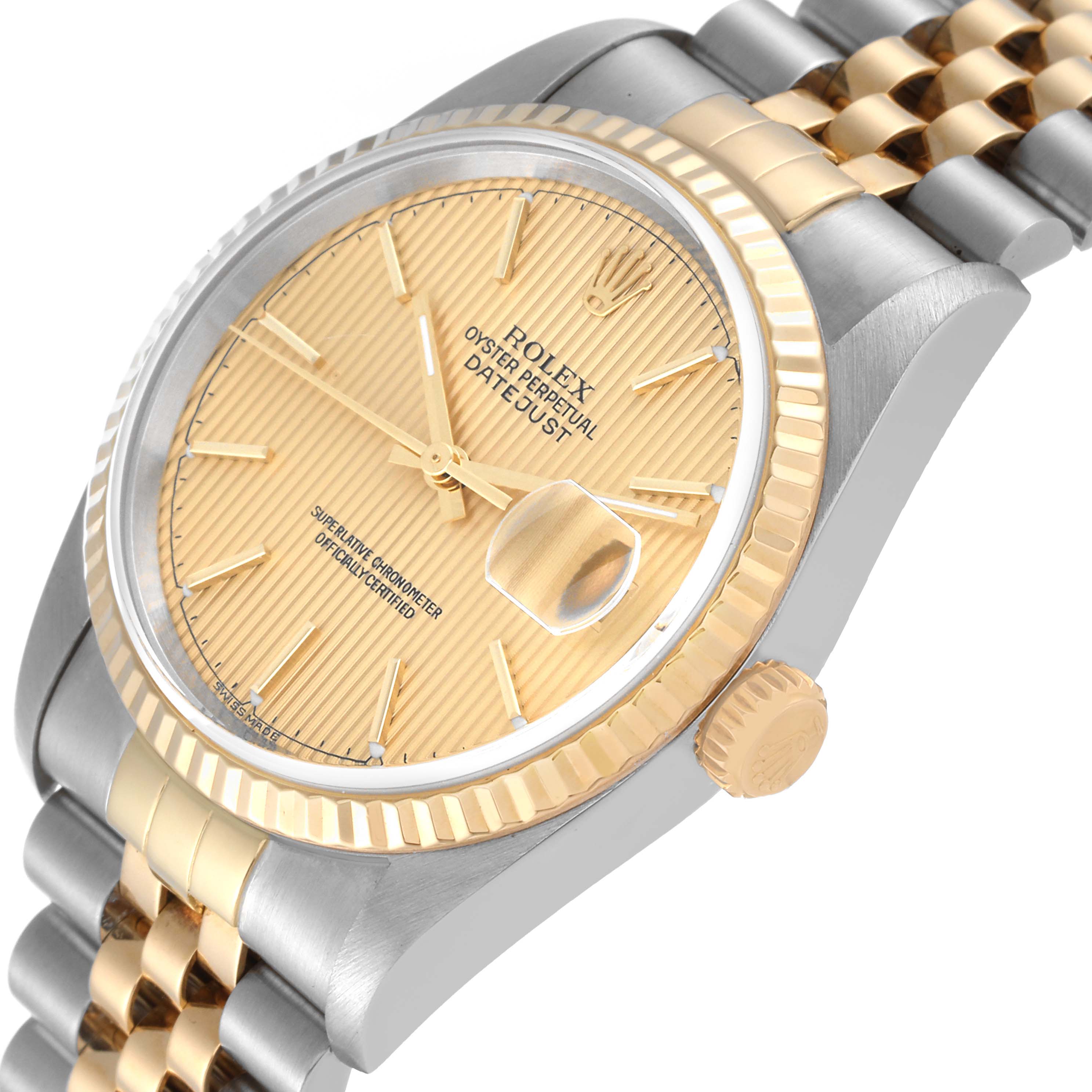 The image shows a side angle of a Rolex Datejust 16233 Men's Steel and Gold (two tone) Champagne Dial 16233 Men's Steel and Gold (two tone) Champagne Dial watch, highlighting its stainless steel and gold bracelet, crown, and dial.