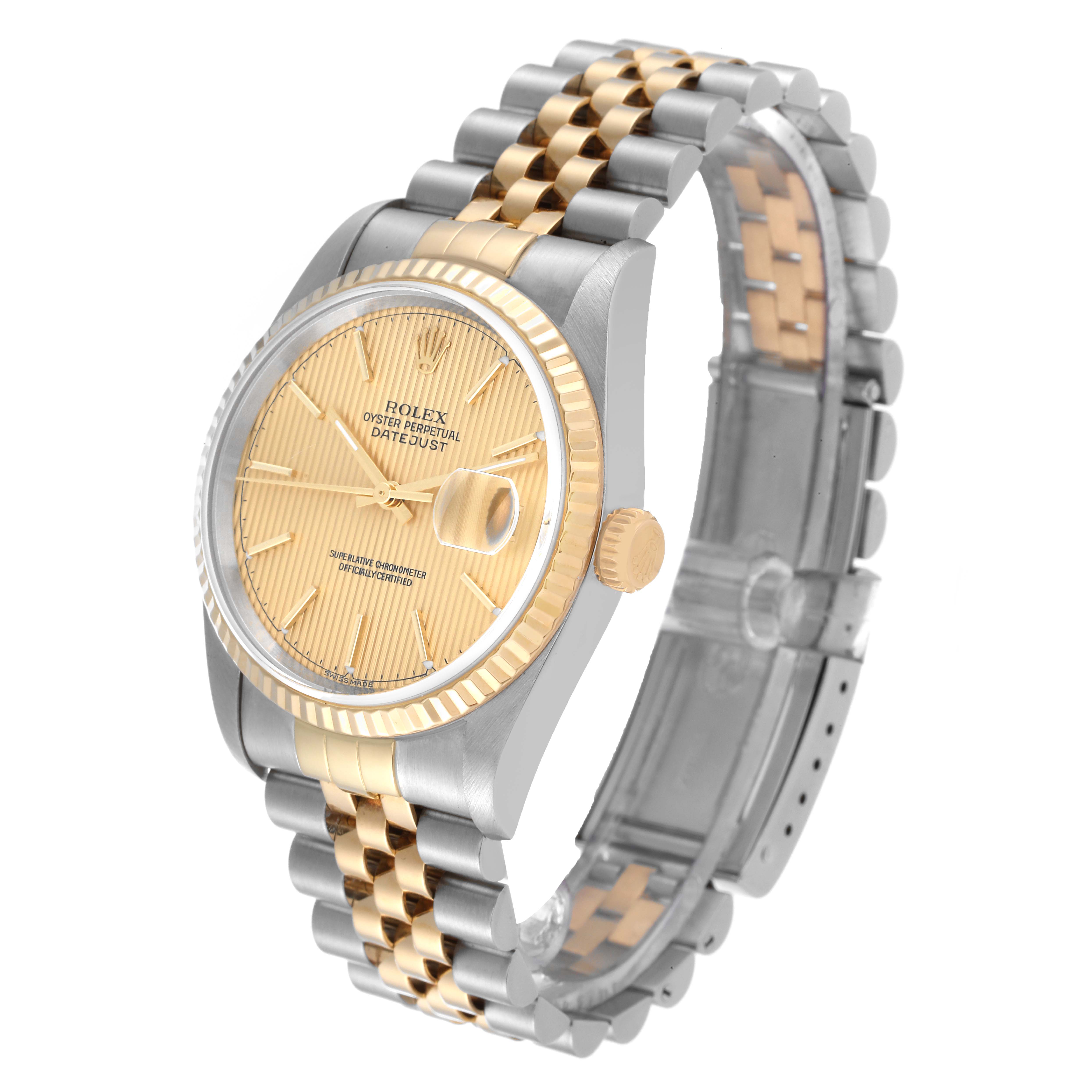 The Rolex Datejust 16233 Men's Steel and Gold (two tone) Champagne Dial 16233 Men's Steel and Gold (two tone) Champagne Dial watch is shown at a three-quarter angle, highlighting the dial, bezel, and part of the bracelet.