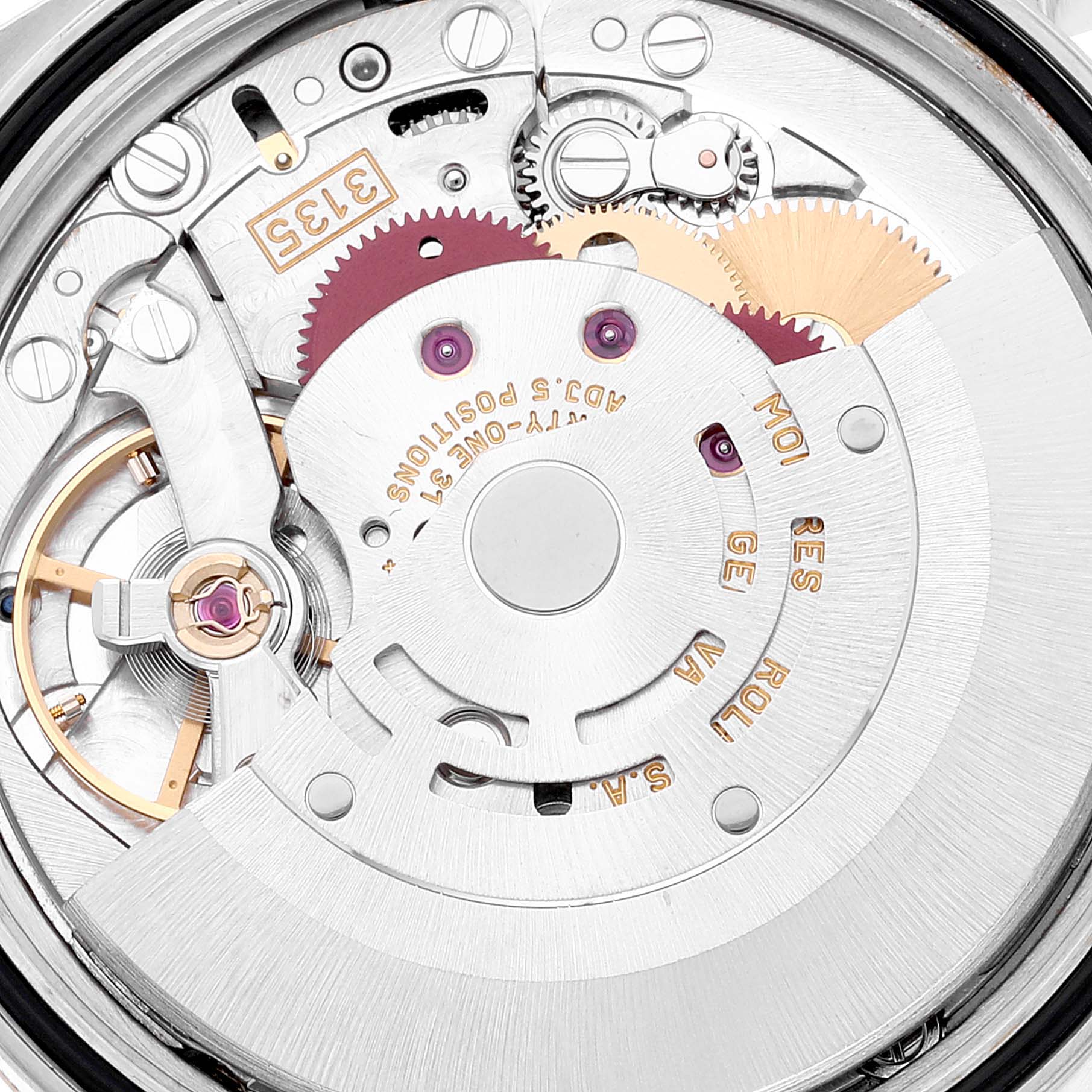 Close-up view of the Rolex Datejust 16233 Men's Steel and Gold (two tone) Champagne Dial 16233 Men's Steel and Gold (two tone) Champagne Dial watch movement, showing intricate gears and components.