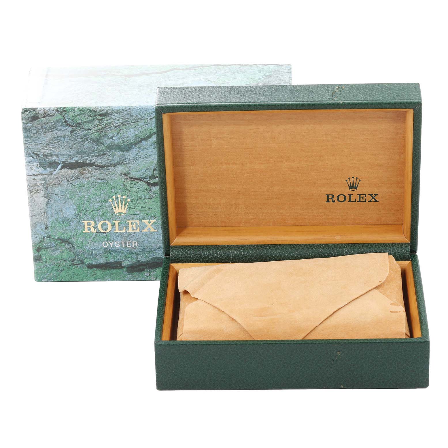 This image shows a green Rolex box, including the outer box and the open inner box, for the Datejust model.