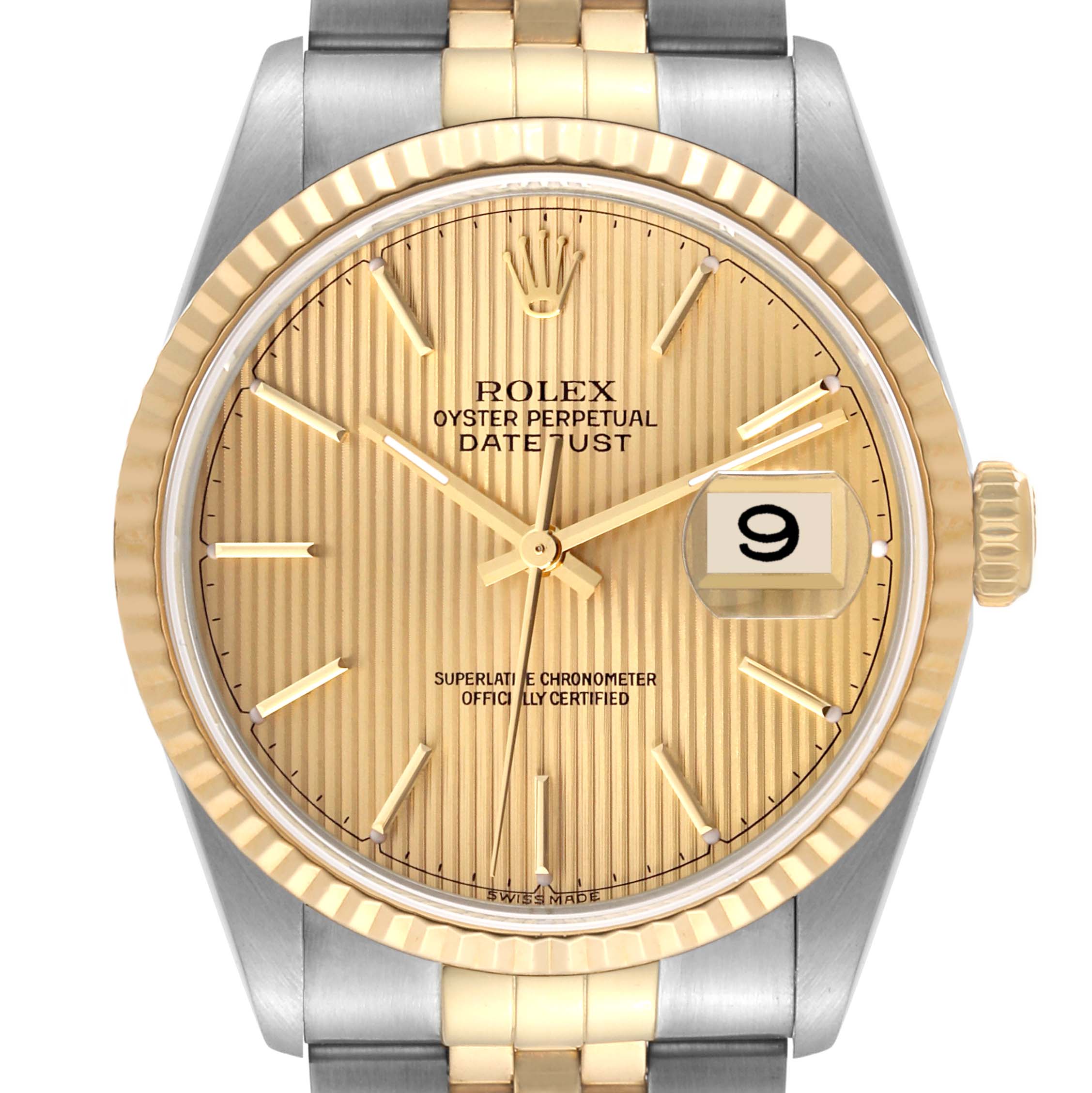 This image shows a Rolex Datejust 16233 Men's Steel and Gold (two tone) Champagne Dial 16233 Men's Steel and Gold (two tone) Champagne Dial watch from a frontal angle, featuring its dial, hands, bezel, and part of the bracelet.
