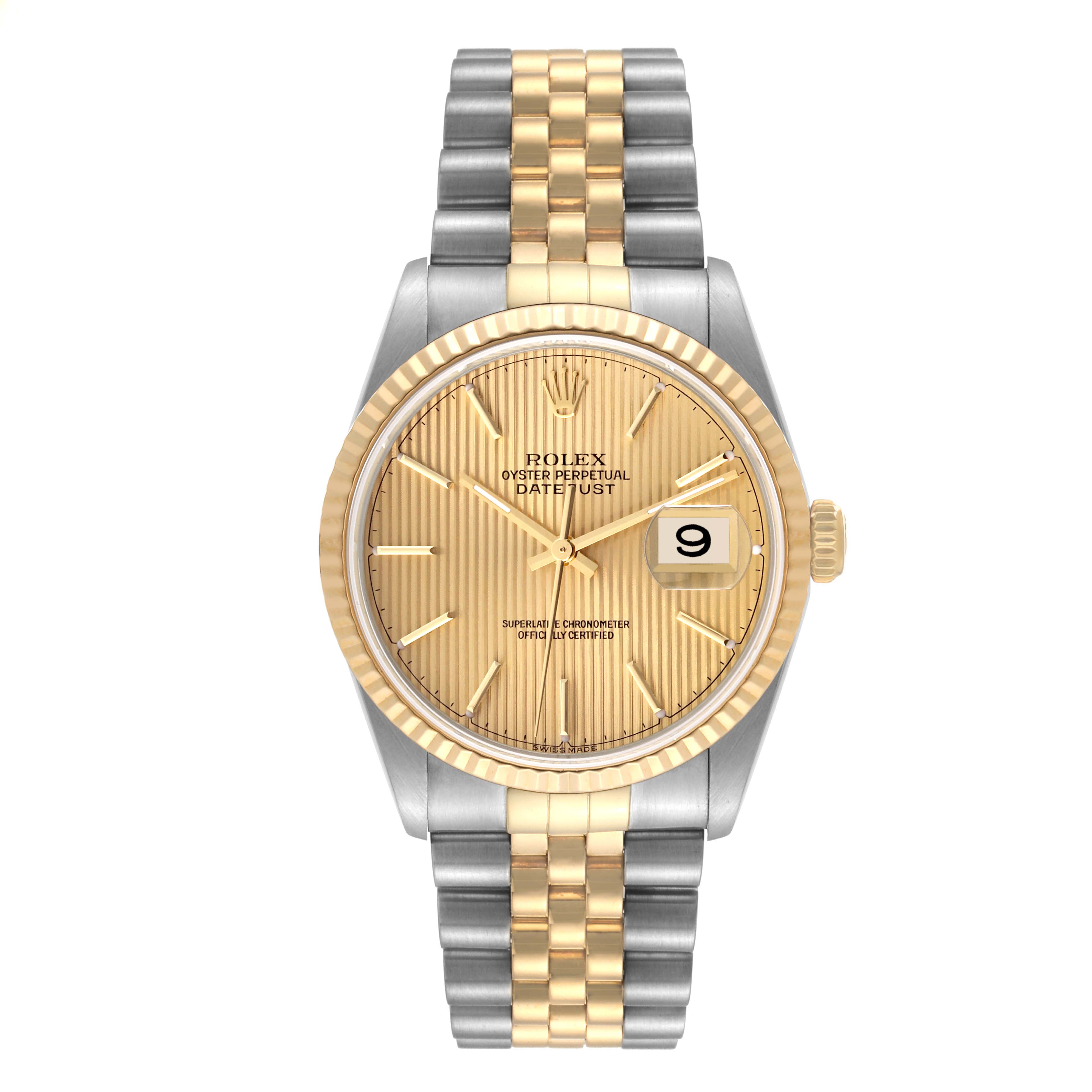 This is a top view of the Rolex Datejust 16233 Men's Steel and Gold (two tone) Champagne Dial 16233 Men's Steel and Gold (two tone) Champagne Dial watch, showcasing the dial, bezel, crown, and bracelet.