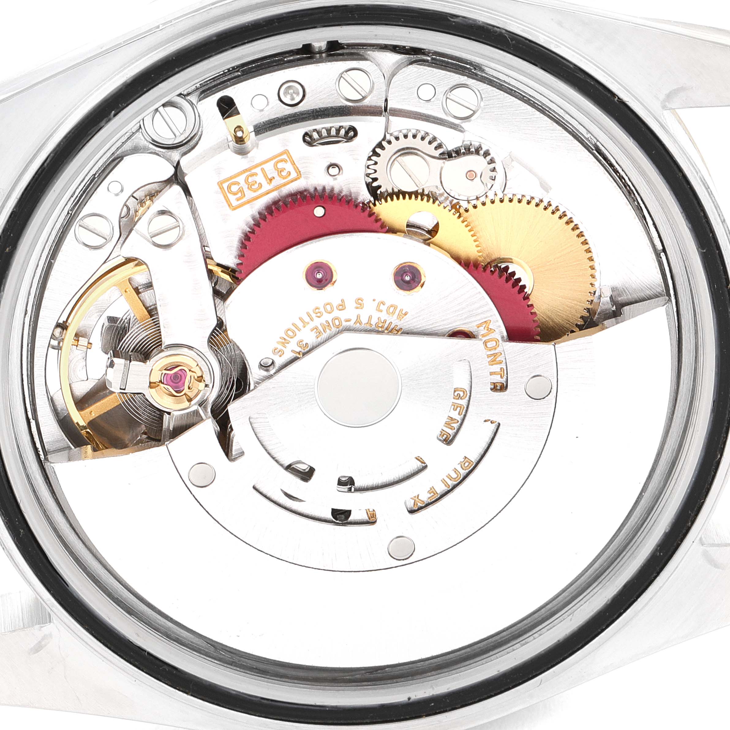 The image shows the movement of a Rolex Datejust 16233 Men's Steel and Gold (two tone) Champagne Dial 16233 Men's Steel and Gold (two tone) Champagne Dial watch, displaying gears and internal mechanics from the back.