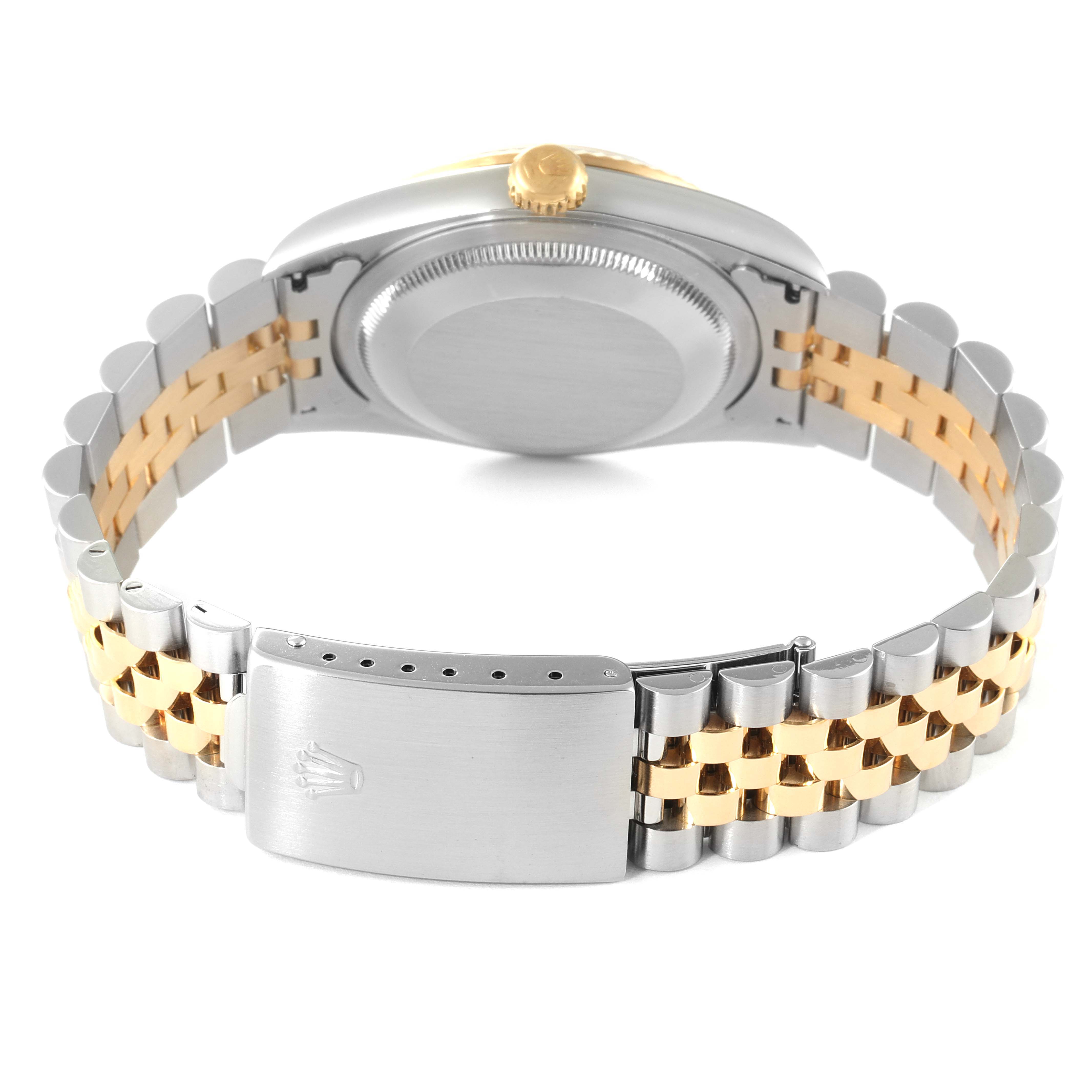 The image shows the back of a Rolex Datejust 16233 Men's Steel and Gold (two tone) Champagne Dial 16233 Men's Steel and Gold (two tone) Champagne Dial, highlighting its case back, crown, and two-tone jubilee bracelet with a clasp.