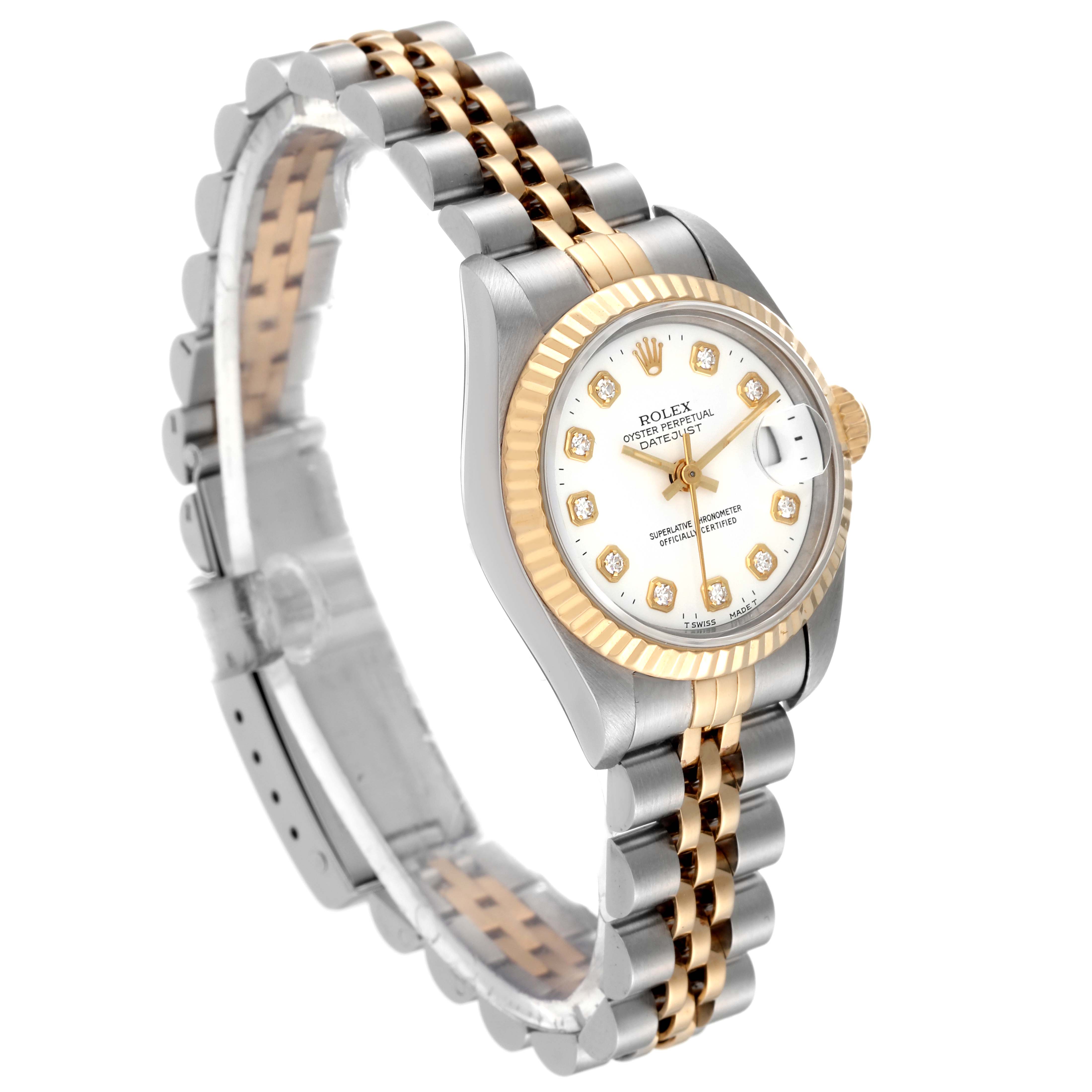 The image shows a Rolex Datejust 69173 Women's Steel and Gold (two tone) White Dial 69173 Women's Steel and Gold (two tone) White Dial watch at a three-quarter angle, highlighting its face, fluted bezel, and Jubilee bracelet.