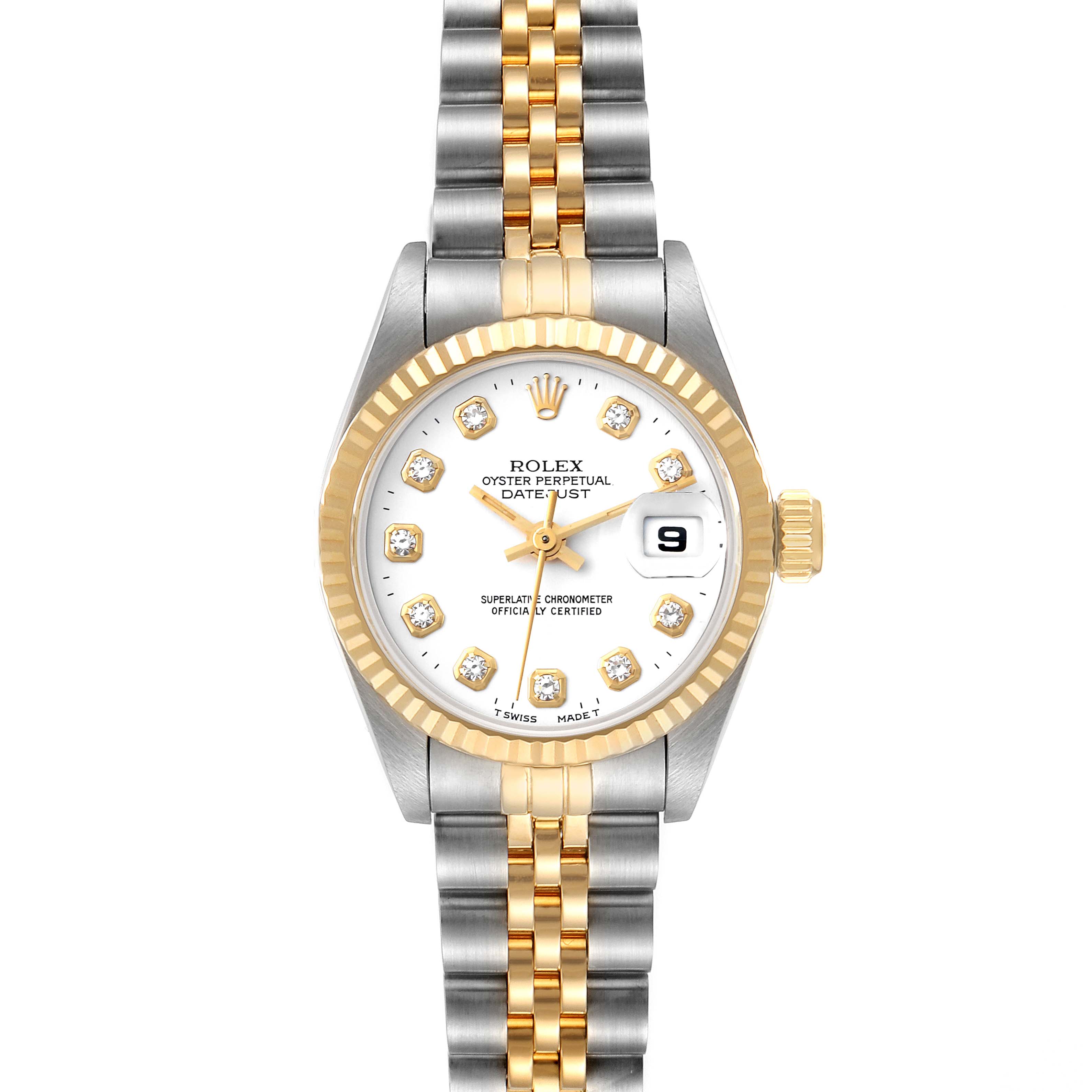The image shows a front view of a Rolex Datejust 69173 Women's Steel and Gold (two tone) White Dial 69173 Women's Steel and Gold (two tone) White Dial watch, highlighting its gold and silver two-tone bracelet, white dial, and date window.