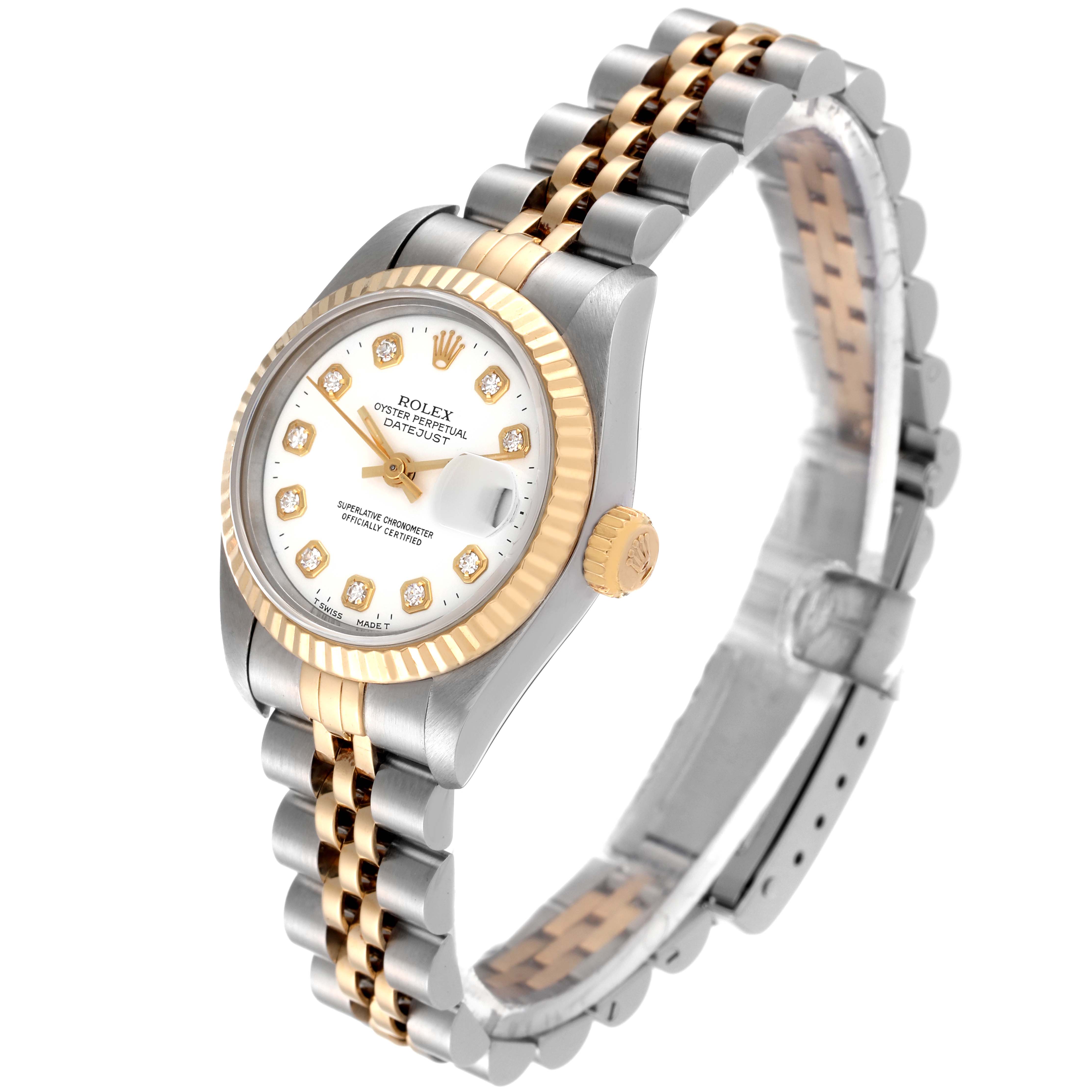 This is a side view of a Rolex Datejust 69173 Women's Steel and Gold (two tone) White Dial 69173 Women's Steel and Gold (two tone) White Dial, showing the dial, fluted bezel, crown, and two-tone Jubilee bracelet.