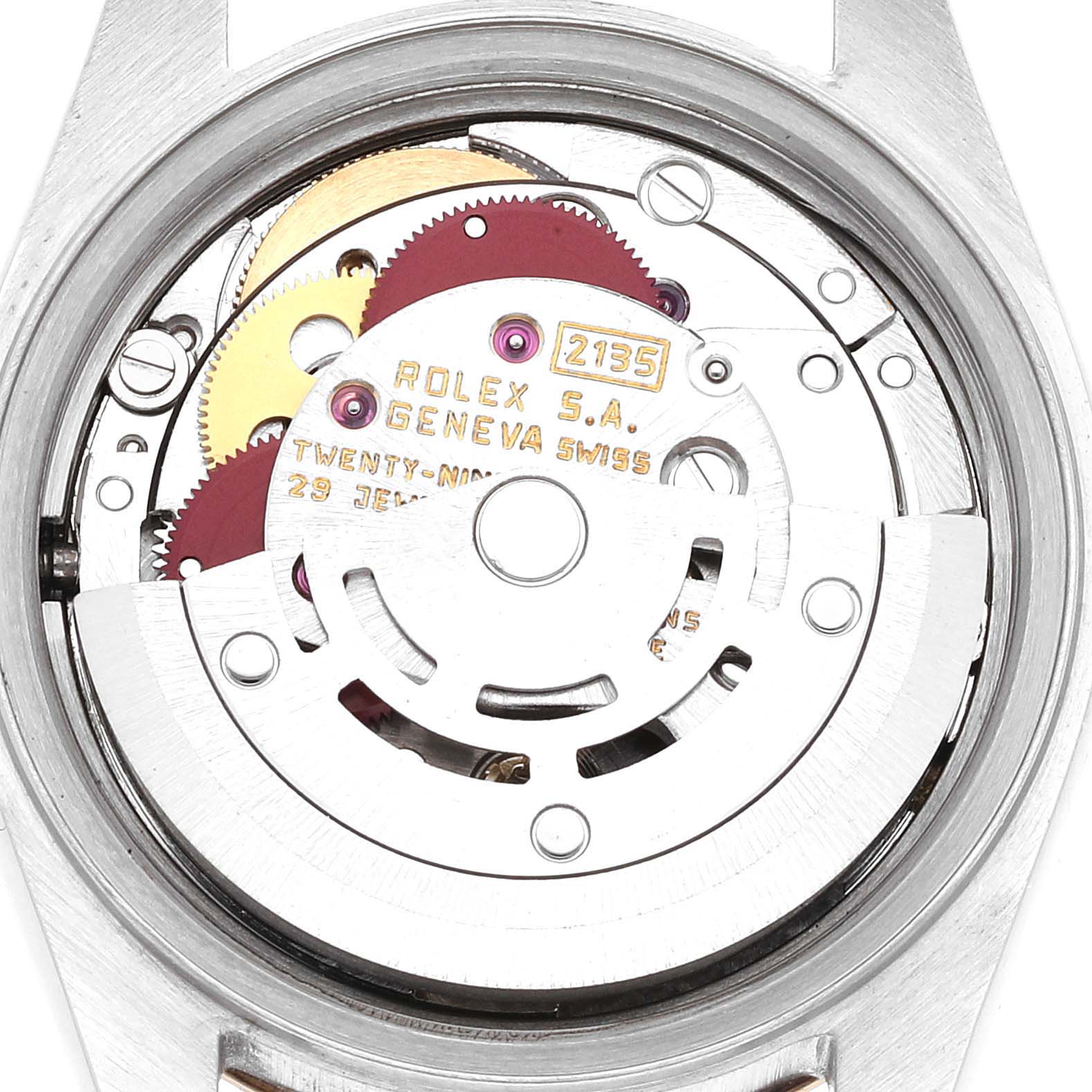 This image shows the internal mechanism of a Rolex Datejust 69173 Women's Steel and Gold (two tone) White Dial 69173 Women's Steel and Gold (two tone) White Dial watch, viewed from the back.