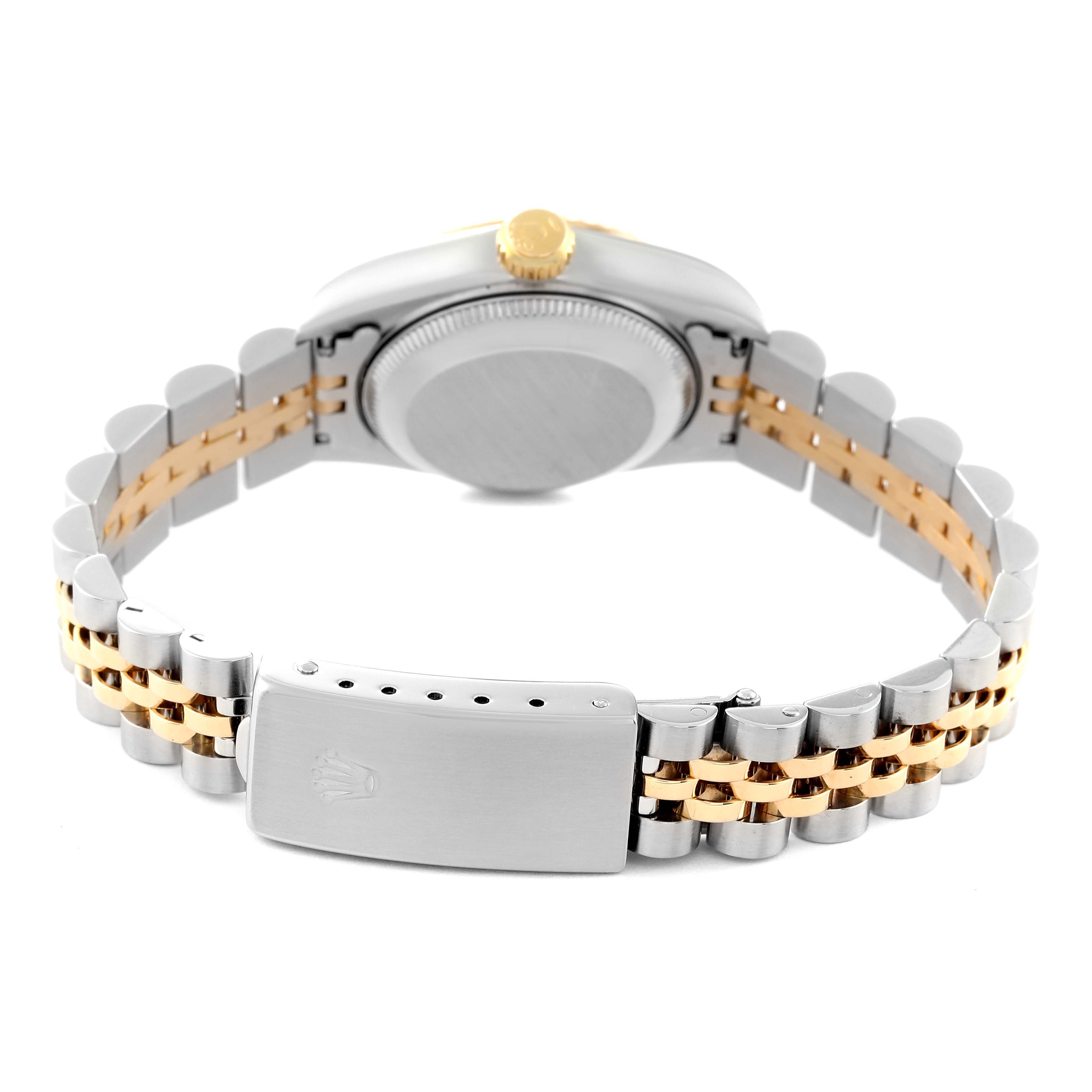 This image shows the back of the Rolex Datejust 69173 Women's Steel and Gold (two tone) Silver Dial 69173 Women's Steel and Gold (two tone) Silver Dial watch, focusing on the two-tone bracelet and clasp.