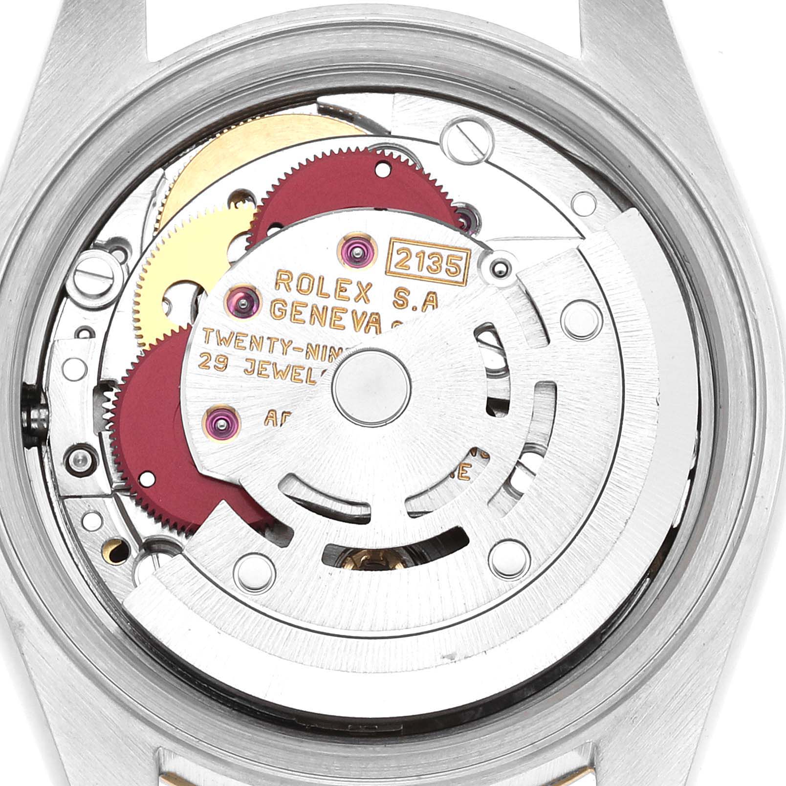 This image shows the inner mechanical movement of a Rolex Datejust 69173 Women's Steel and Gold (two tone) Silver Dial 69173 Women's Steel and Gold (two tone) Silver Dial watch from a back angle.