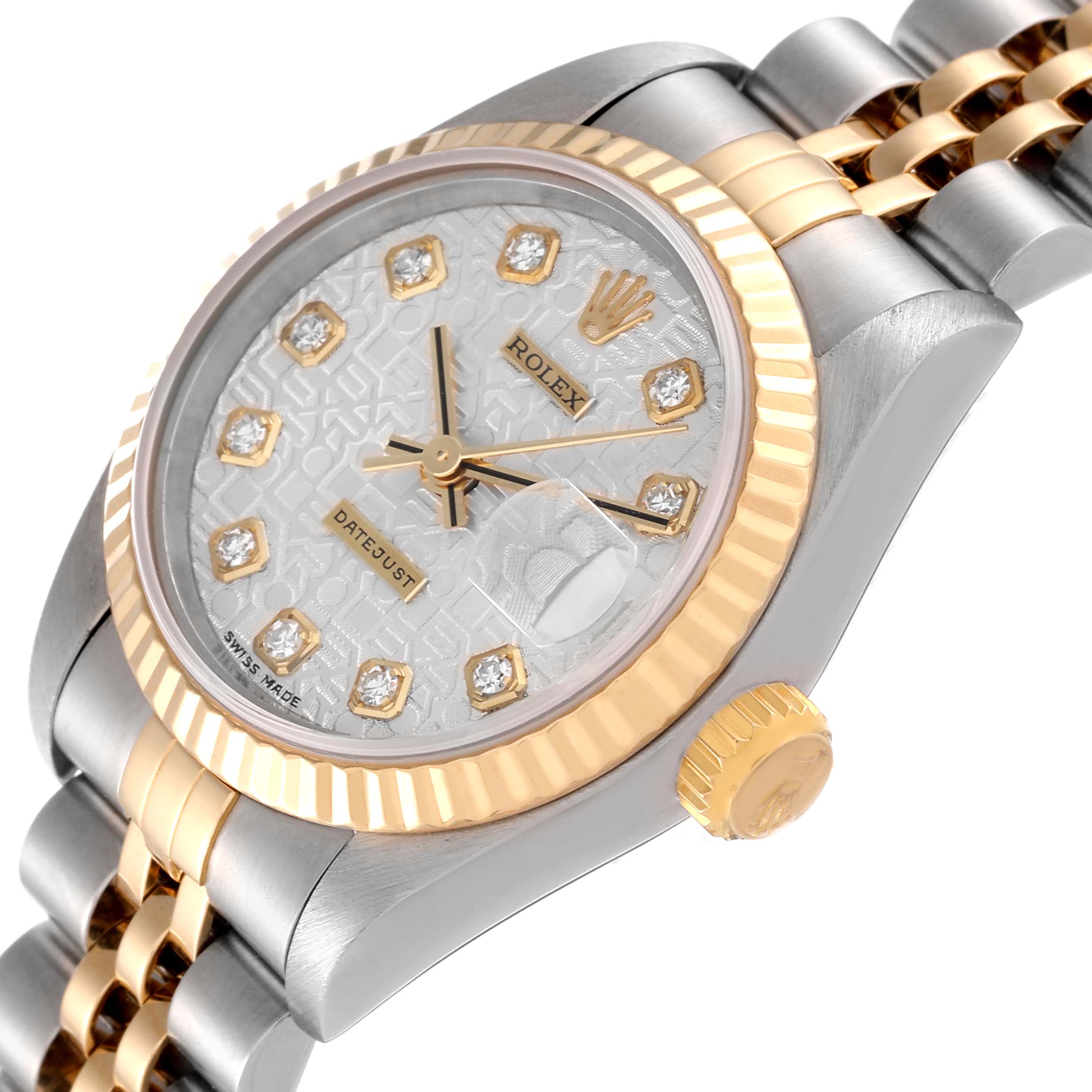 The image shows a close-up view of the Rolex Datejust 69173 Women's Steel and Gold (two tone) Silver Dial 69173 Women's Steel and Gold (two tone) Silver Dial watch face, bezel, and part of the bracelet at an angled perspective.