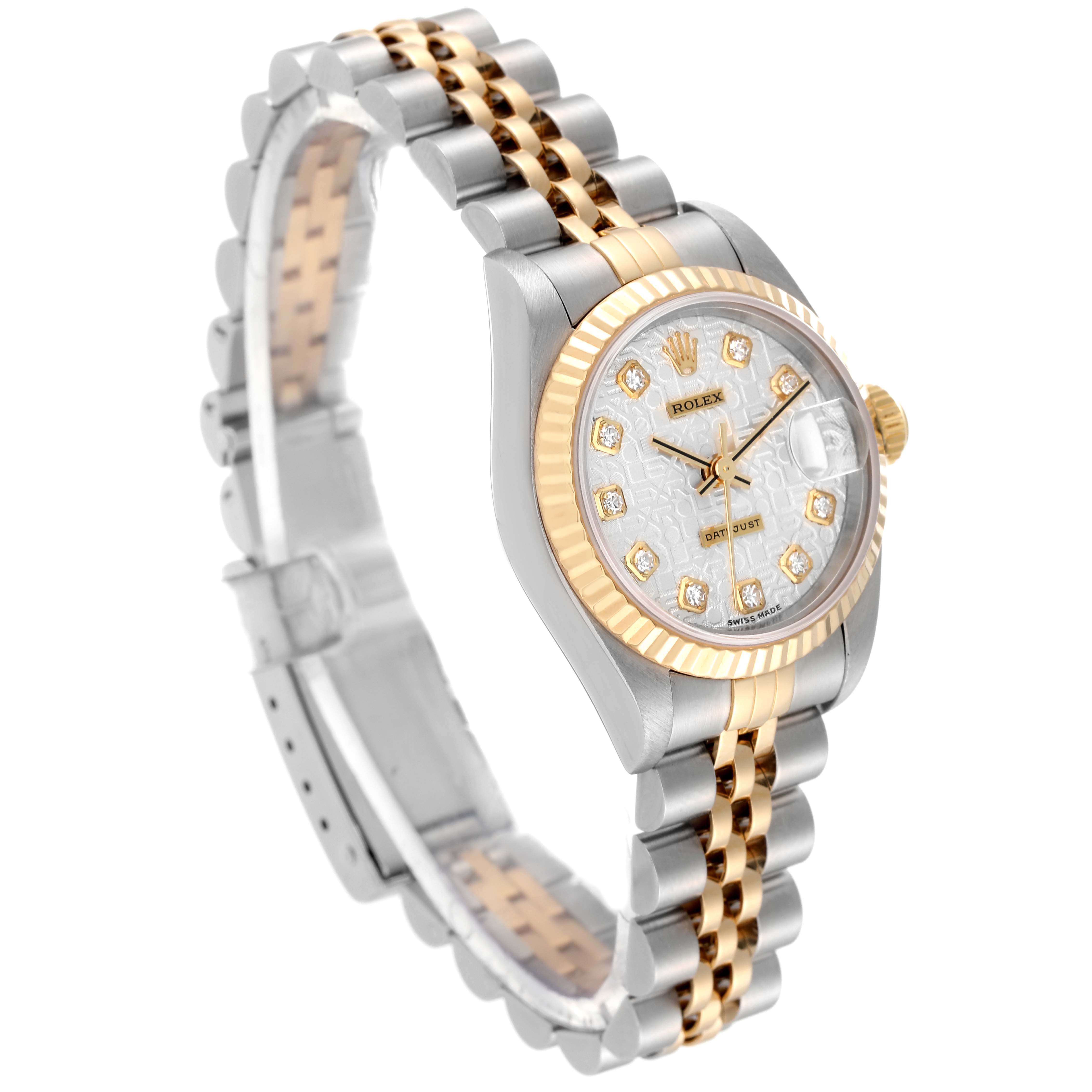 This image shows a Rolex Datejust 69173 Women's Steel and Gold (two tone) Silver Dial 69173 Women's Steel and Gold (two tone) Silver Dial watch from a 3/4 angle highlighting the dial, bezel, and bracelet.