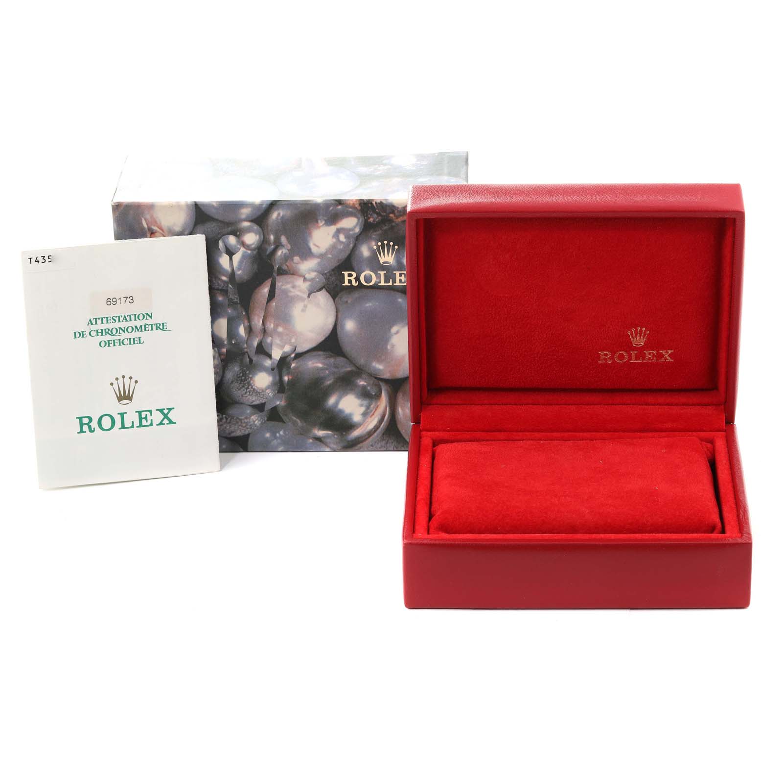 The image shows the Rolex Datejust 69173 Women's Steel and Gold (two tone) Silver Dial 69173 Women's Steel and Gold (two tone) Silver Dial watch box and manual from a front angle.