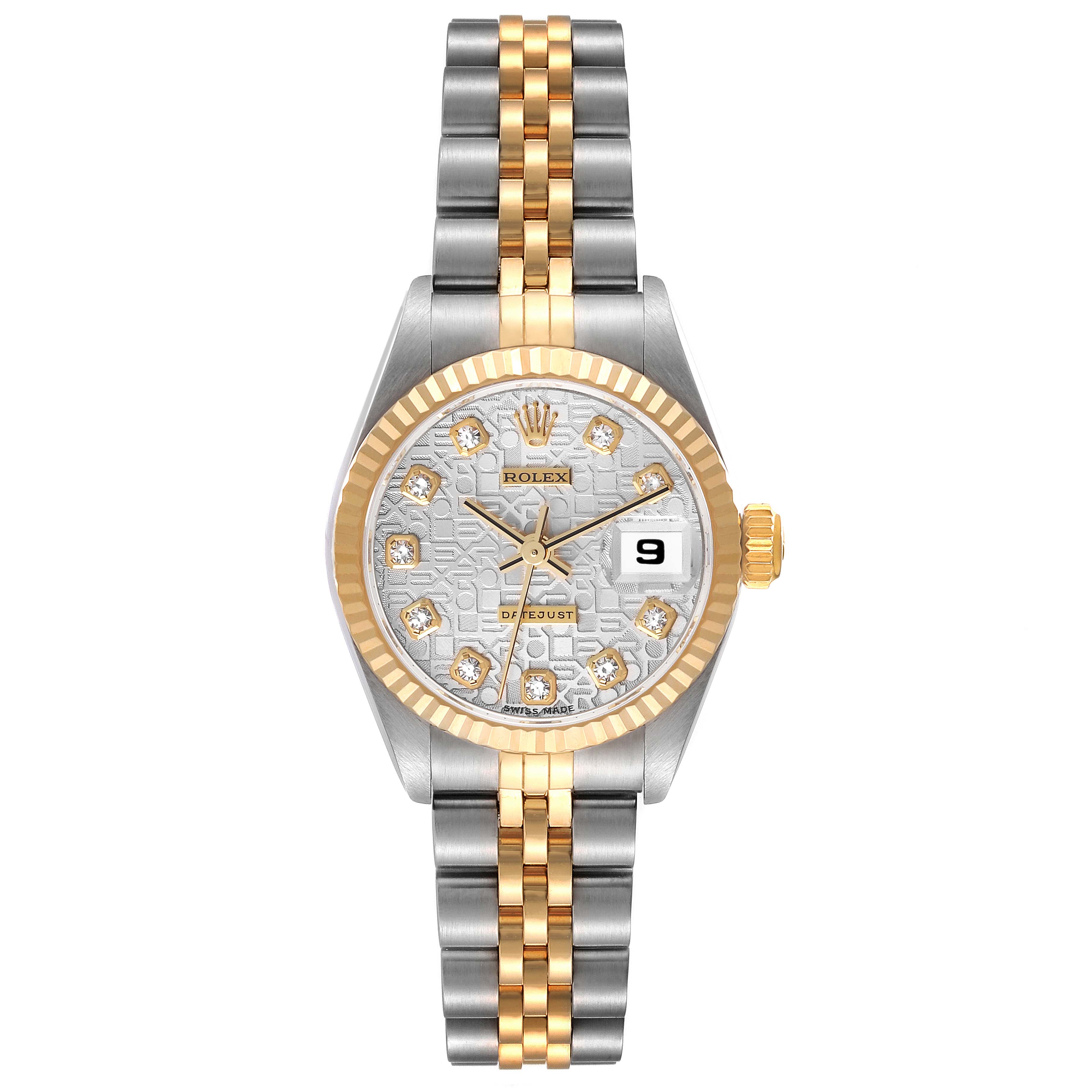 The image shows the full front view of the Rolex Datejust 69173 Women's Steel and Gold (two tone) Silver Dial 69173 Women's Steel and Gold (two tone) Silver Dial watch, including the dial, bezel, and bracelet.