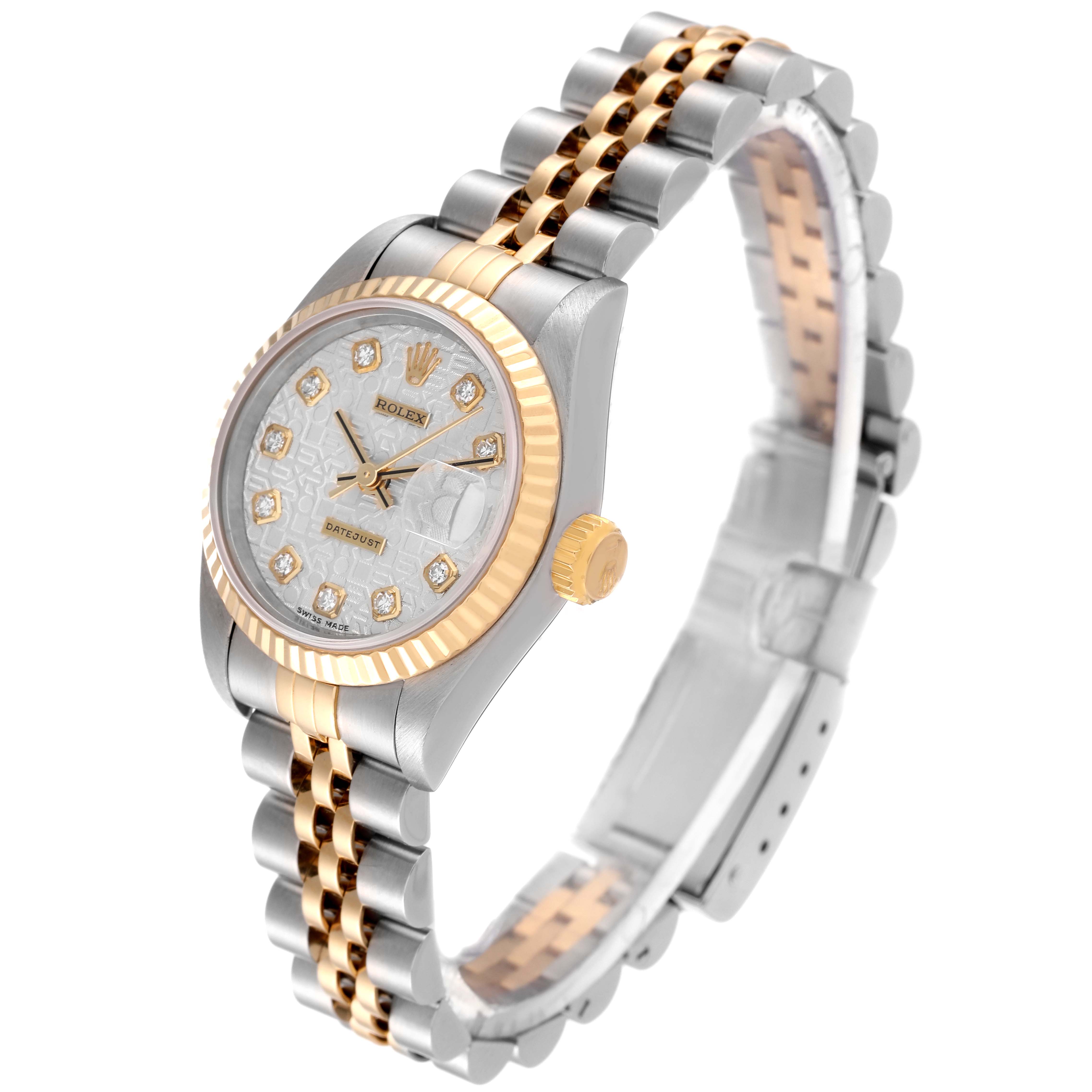 The image shows a Rolex Datejust 69173 Women's Steel and Gold (two tone) Silver Dial 69173 Women's Steel and Gold (two tone) Silver Dial watch angled slightly from above, highlighting its dial, bezel, and two-tone bracelet.