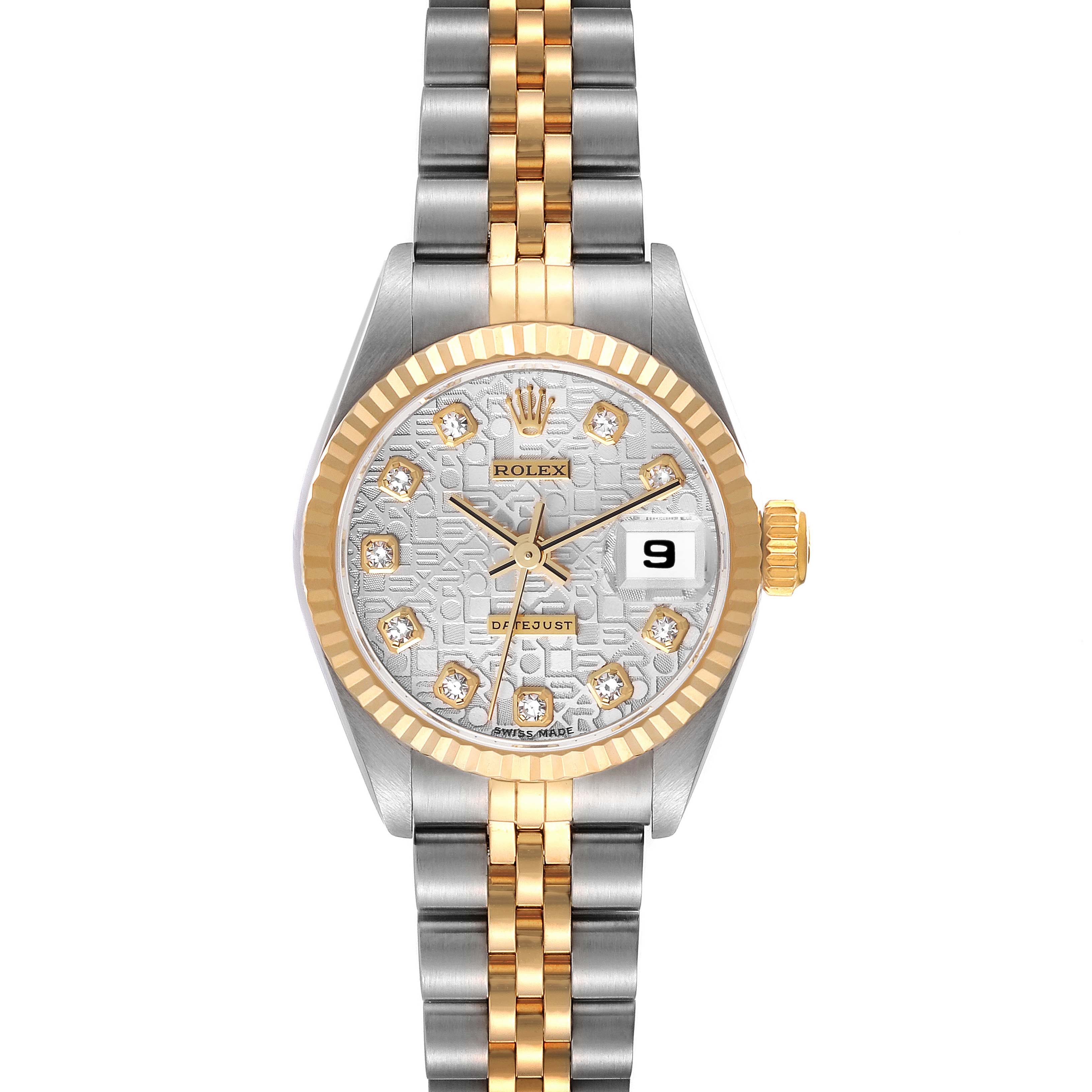This image shows a Rolex Datejust 69173 Women's Steel and Gold (two tone) Silver Dial 69173 Women's Steel and Gold (two tone) Silver Dial watch from a frontal angle, highlighting its dial, bezel, crown, and bracelet.