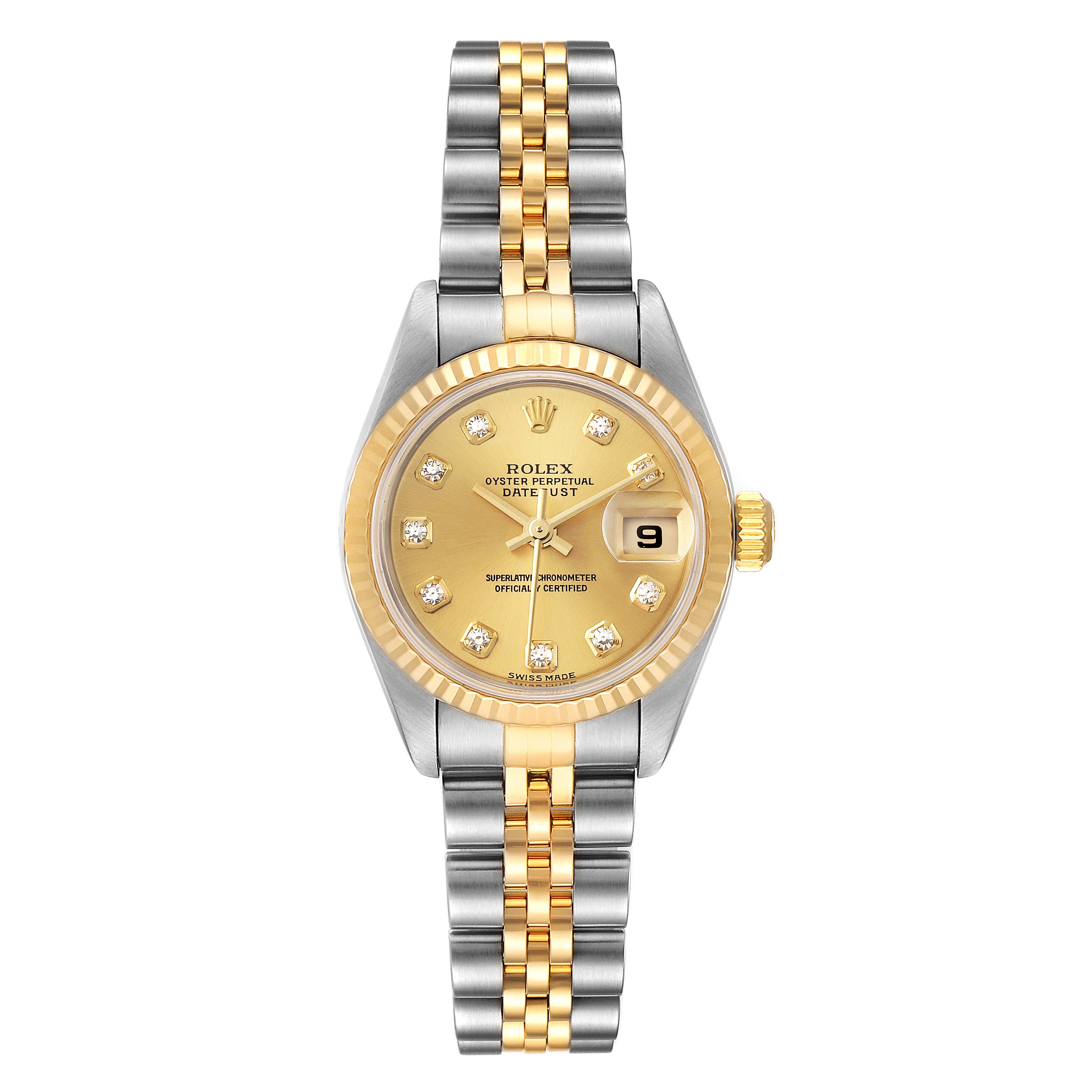 This image shows a Rolex Datejust 79173 Women's Steel and Gold (two tone) Champagne Dial 79173 Women's Steel and Gold (two tone) Champagne Dial watch from a front angle, highlighting its dial, bezel, and bracelet.