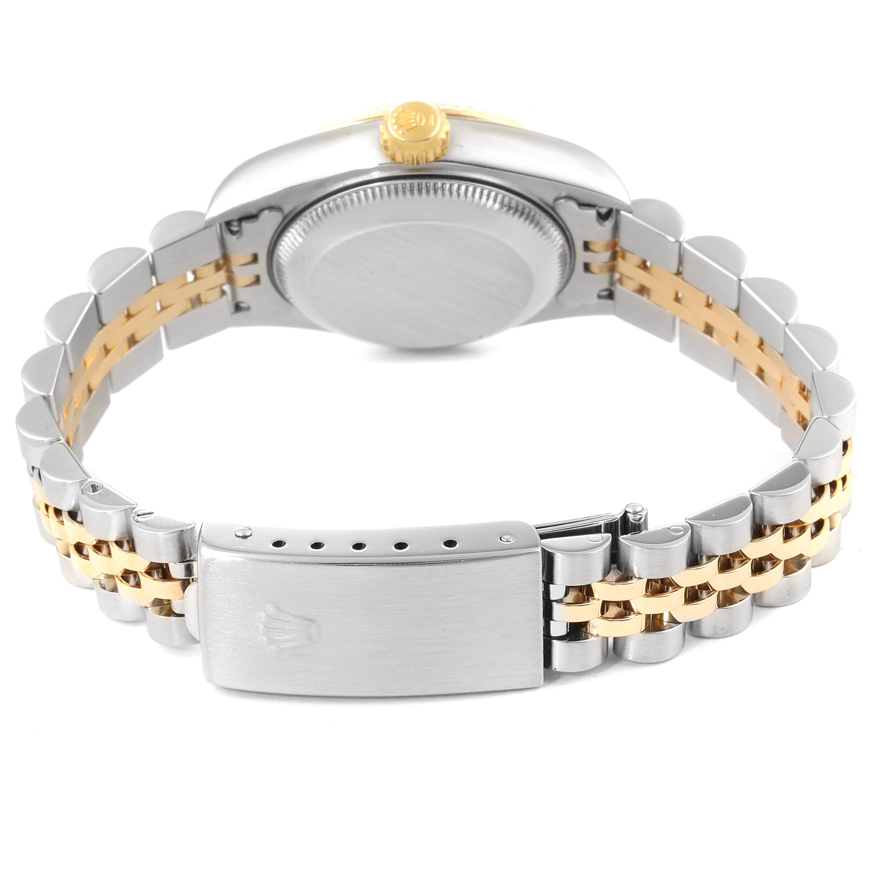 This image shows the back case, bracelet, and clasp of a Rolex Datejust 79173 Women's Steel and Gold (two tone) Champagne Dial 79173 Women's Steel and Gold (two tone) Champagne Dial watch from a rear angle.